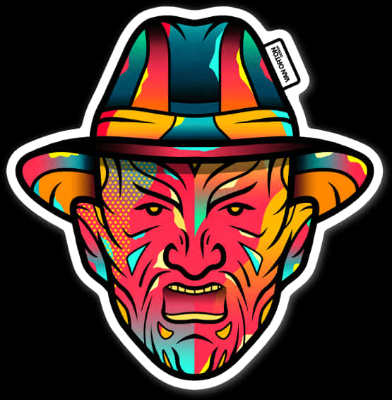弗雷迪·克魯格波普藝術貼紙 壁紙 — 色彩鮮明的風格化 Freddy Krueger 面孔，戴著軟呢帽，帶有半色調圖案和霓虹色調，背景為黑色。