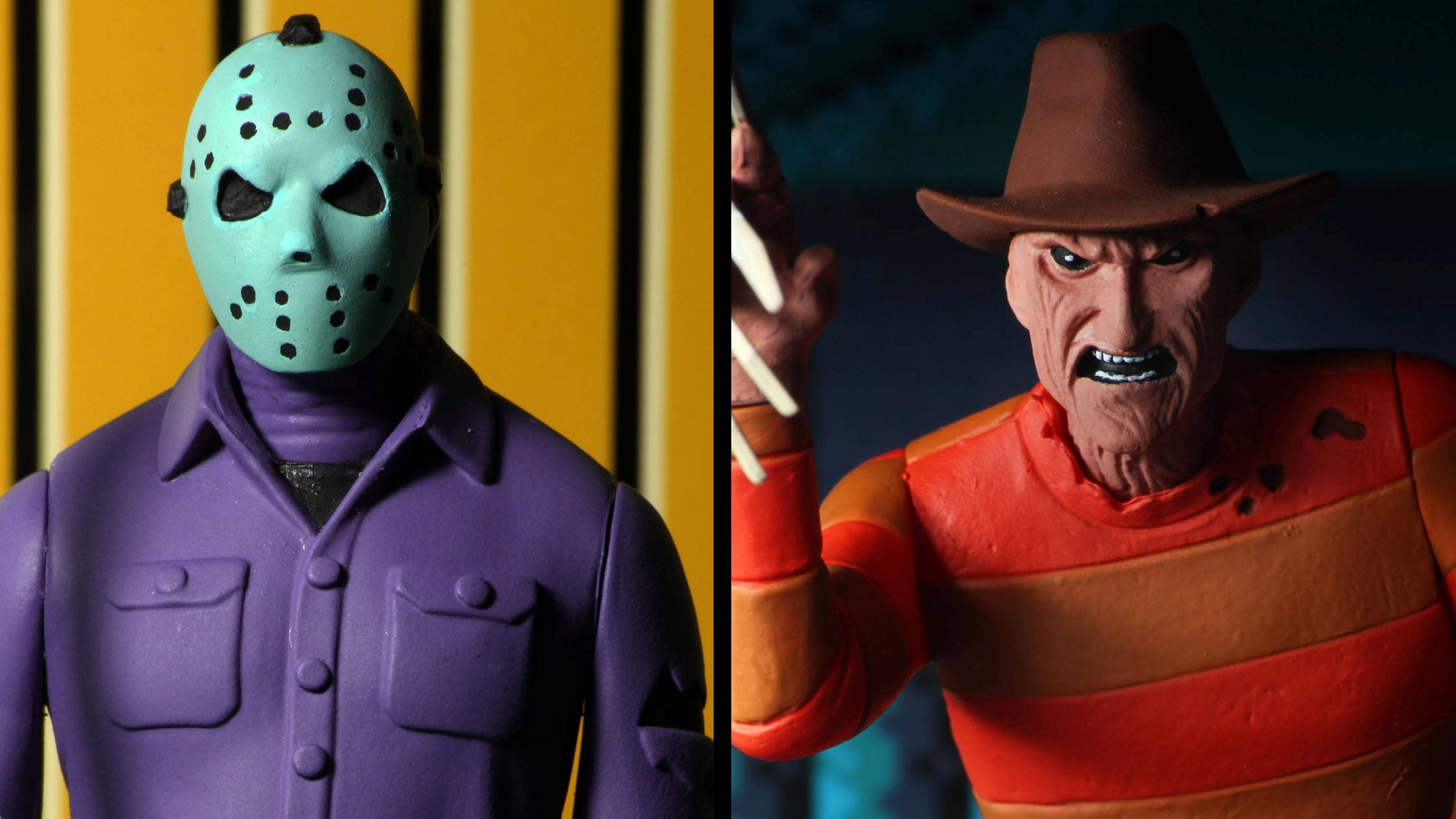 弗雷迪·克魯格與傑森·沃赫斯 壁紙 — 兩個恐怖電影動作人偶 Jason Voorhees 和 Freddy Krueger 並排擺姿勢，背景形成對比。