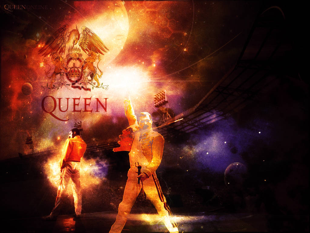 Queen 樂隊在宇宙舞台上表演，伴隨著熾熱的燈光和發光的徽章。