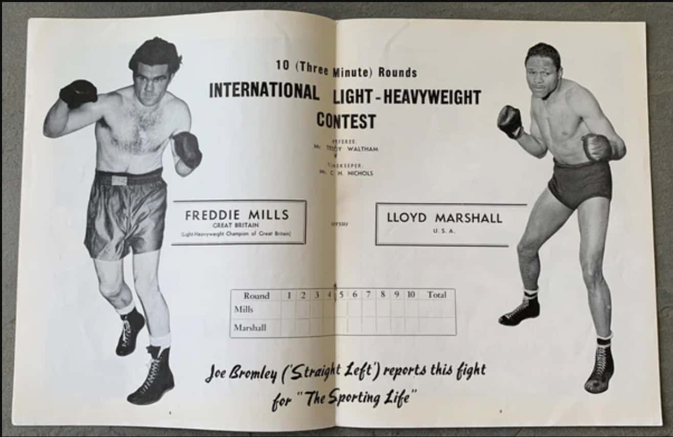 復古拳擊節目，展示 Freddie Mills 和 Lloyd Marshall 準備戰鬥。