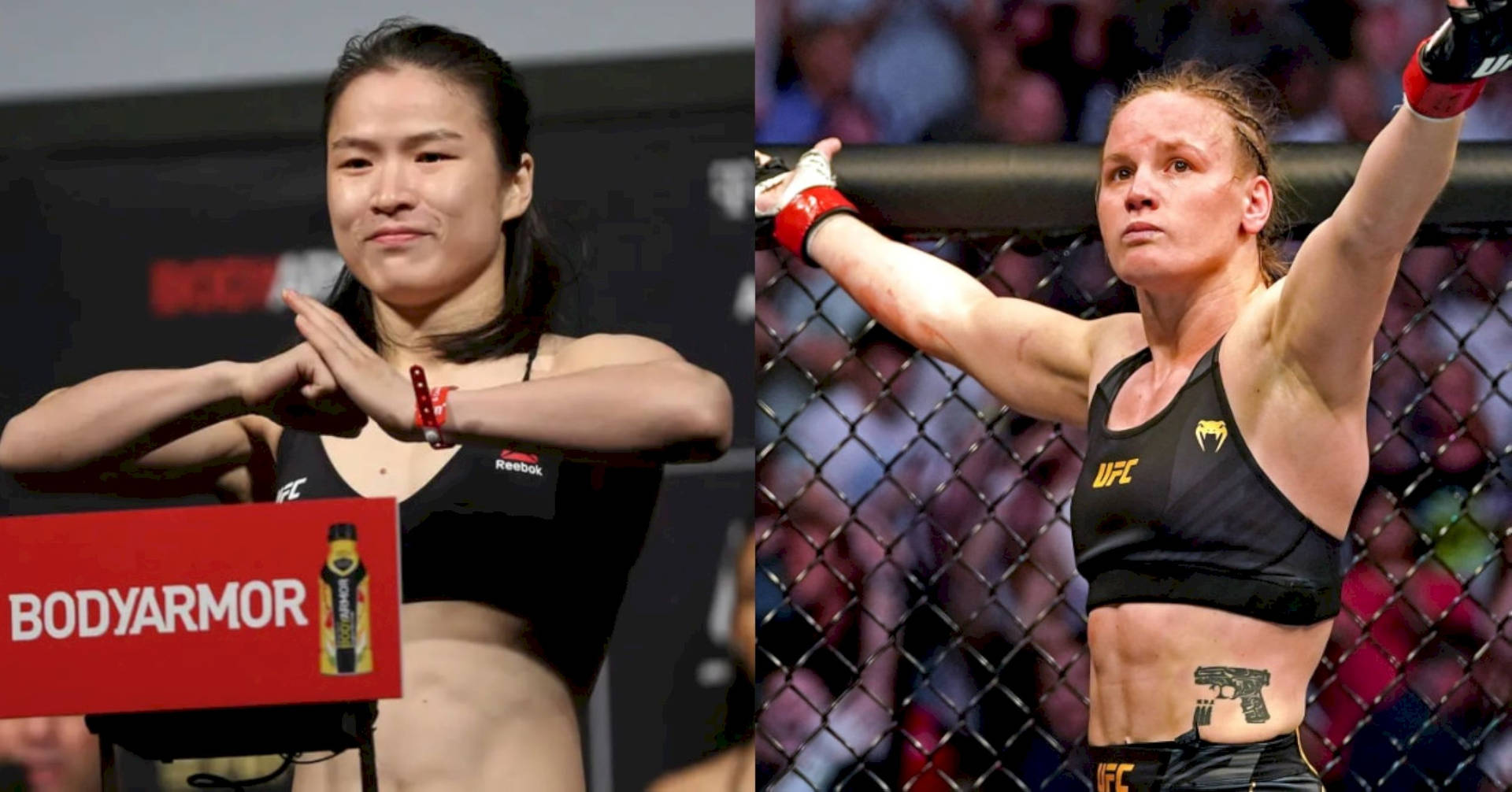兩位女性MMA拳手，一位在稱重，另一位在八角籠內慶祝。