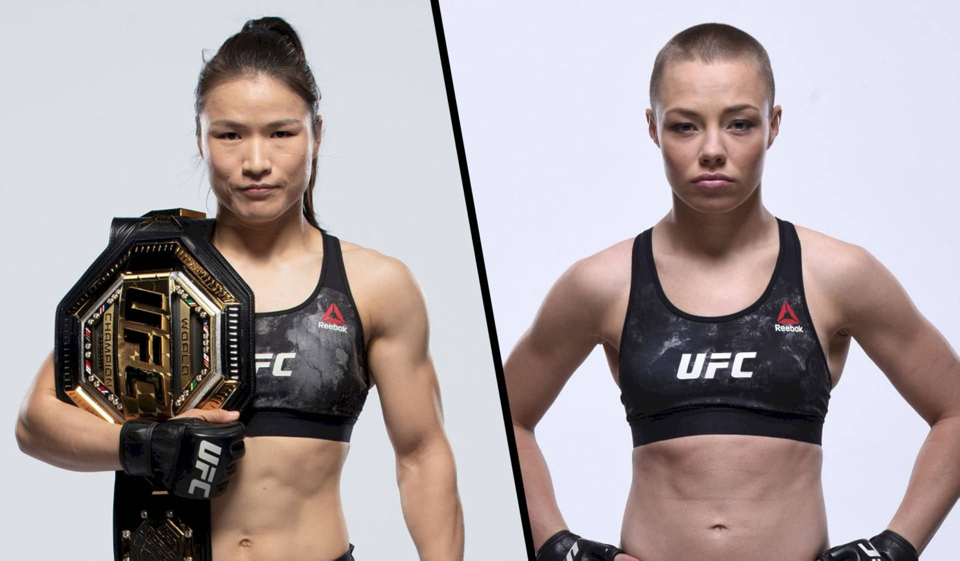 兩位女性UFC拳手身穿黑色運動內衣和手套，其中一人手持冠軍腰帶。