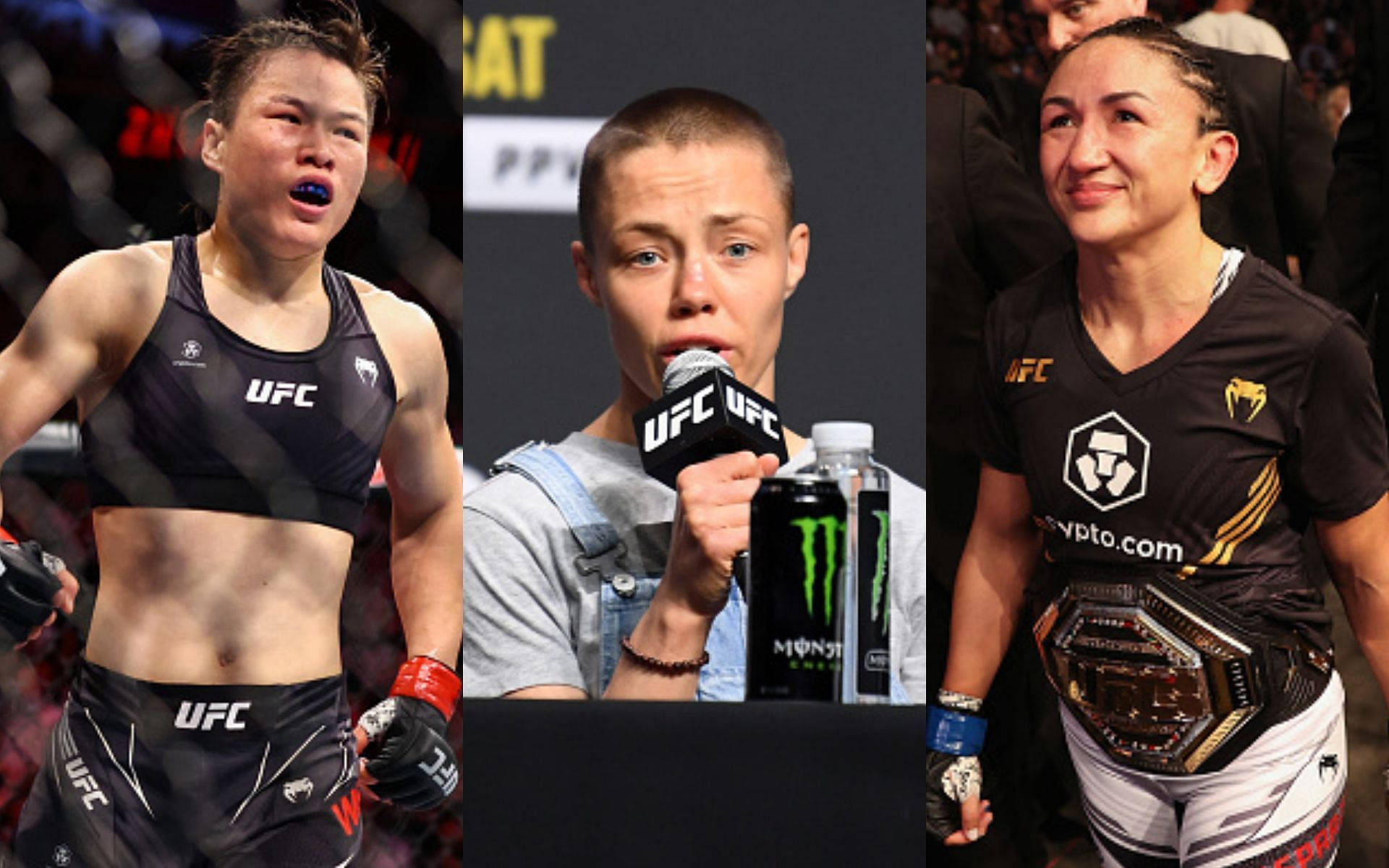 三位女性UFC拳手的動作和慶祝時刻。
