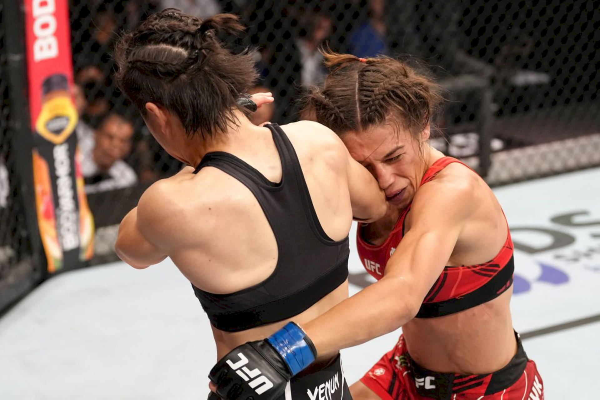 兩位女拳手在UFC八角籠內陷入纏鬥。