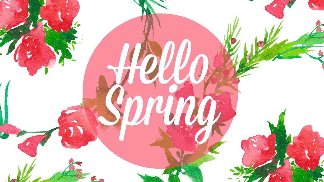 粉紅色圓圈內白色草書文字「Hello Spring」，周圍是紅色花朵和綠色葉子。 — 春季桌面壁紙 壁紙