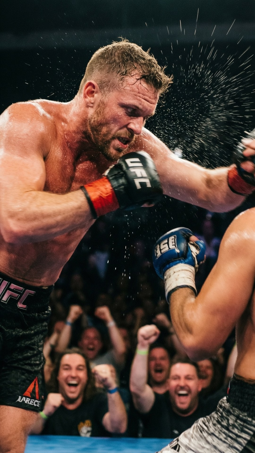 強力拳擊命中 壁紙 — 一位肌肉發達的UFC拳手在八角籠中打出強力一拳，汗水飛濺，背景中粉絲們在咆哮。