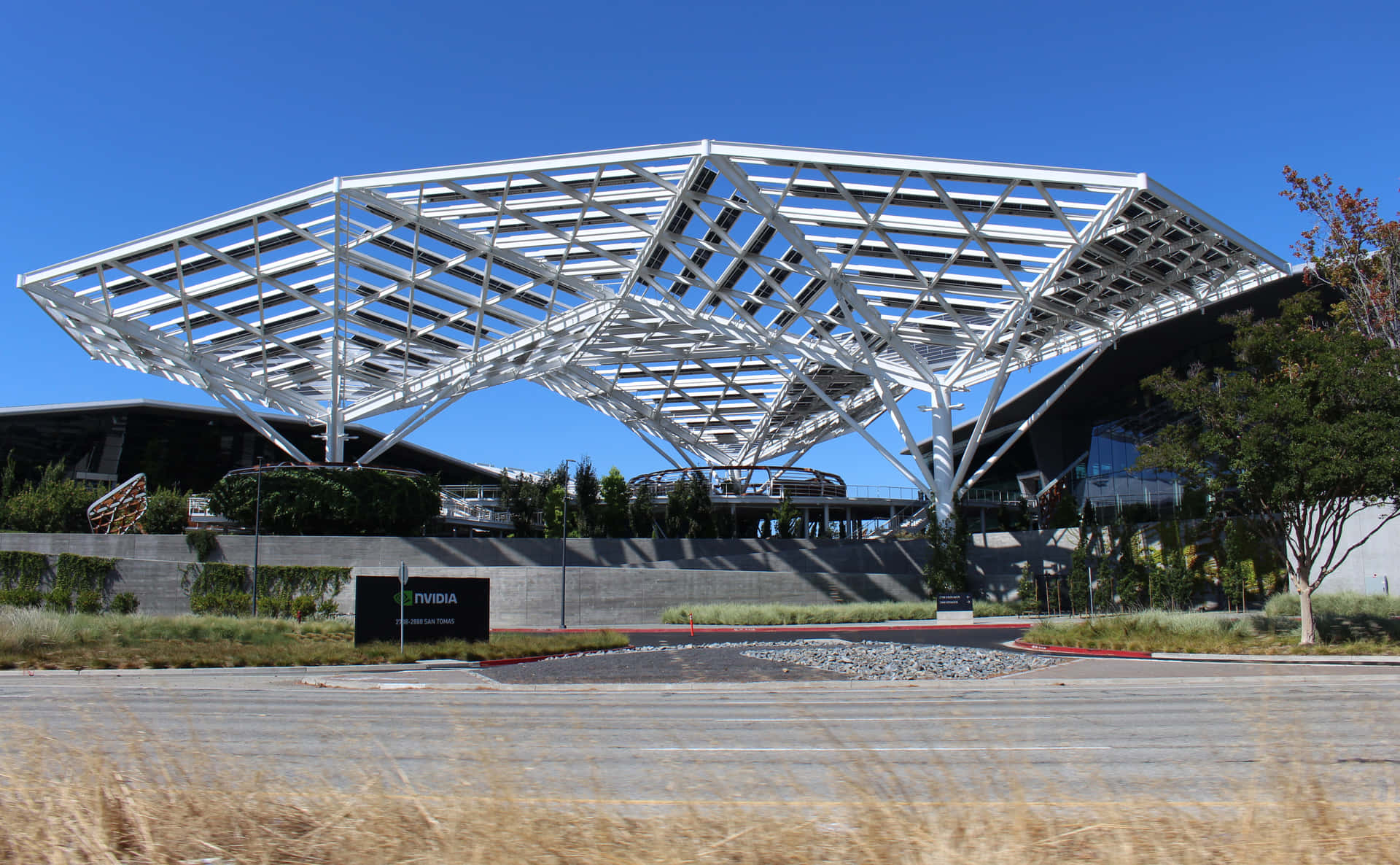Nvidia企業園區，設有大型白色鋼製天篷和乾草，在藍天下