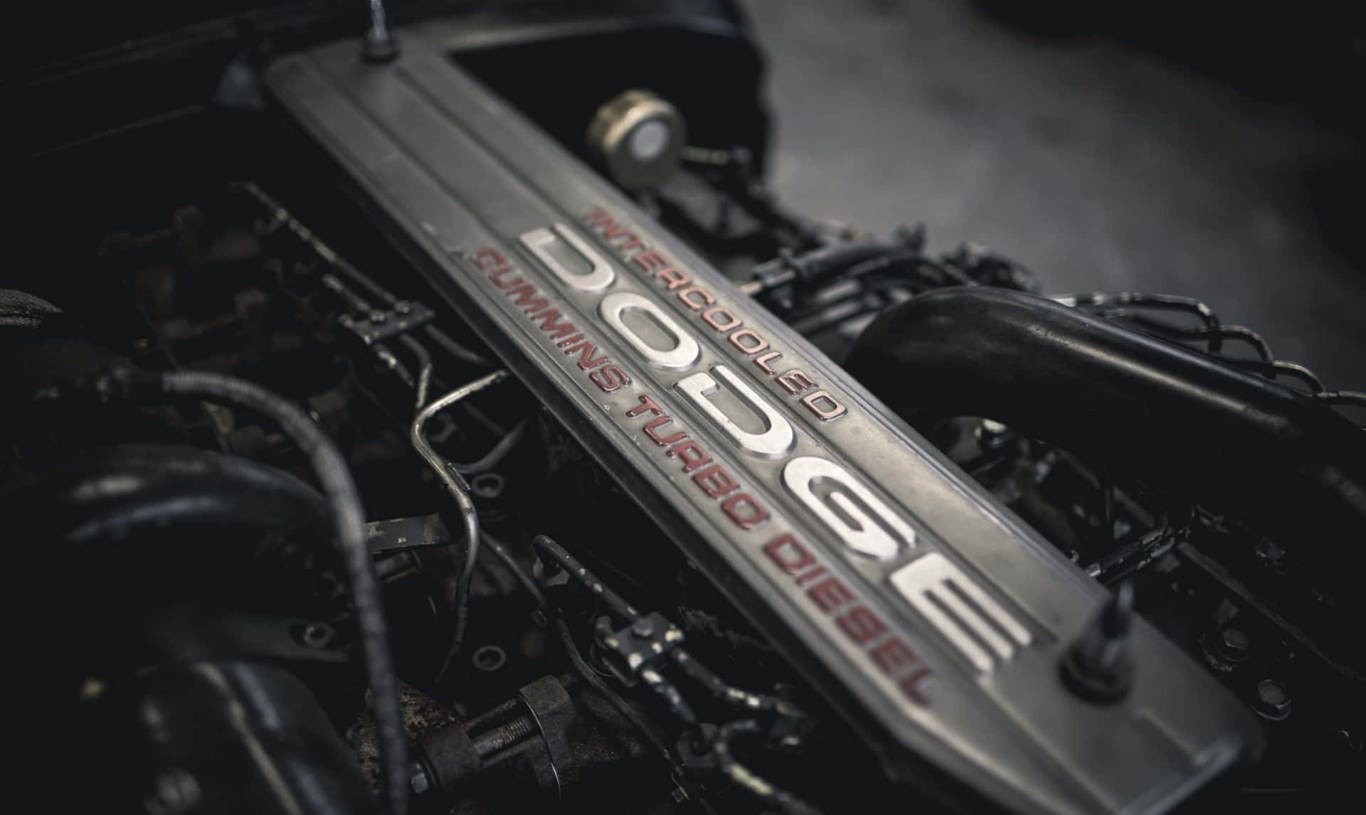 強勁康明斯引擎 壁紙 — 近距離拍攝的Dodge Cummins Turbo Diesel引擎，帶有金屬閥蓋和複雜的機械細節，在昏暗燈光下。