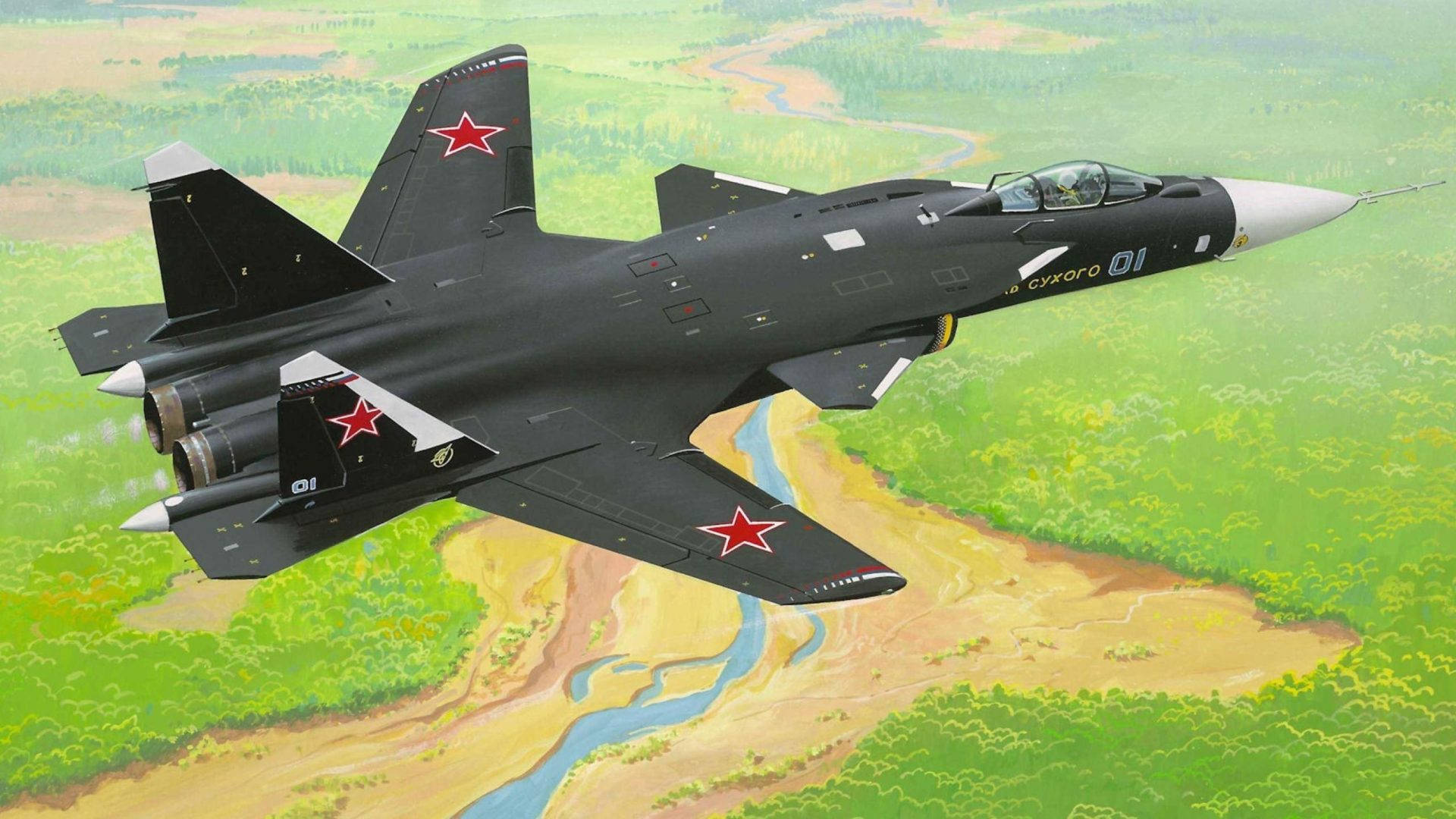 強勁的軍用戰鬥機 壁紙 — 一架帶有紅星的黑色戰鬥機低空飛過蜿蜒的河流，穿越茂密的綠色森林。