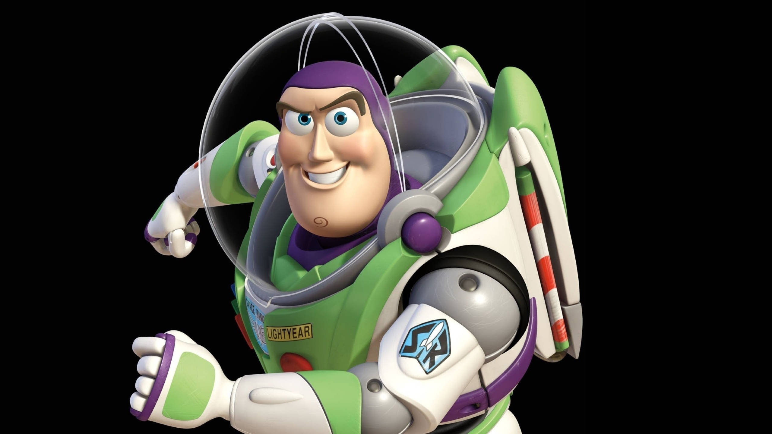 強勢 Buzz Lightyear 壁紙 — 巴斯光年穿著標誌性的綠色和白色太空衣，在黑色背景前自信地微笑。