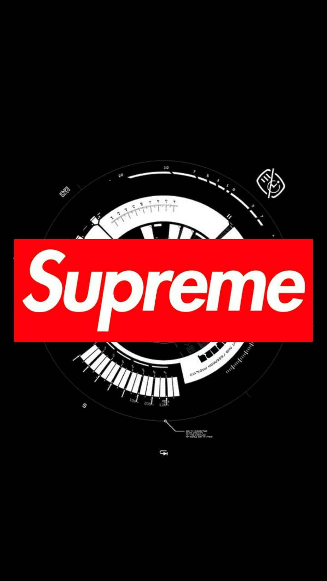 Supreme標誌帶有圓形儀表設計，背景為黑色。