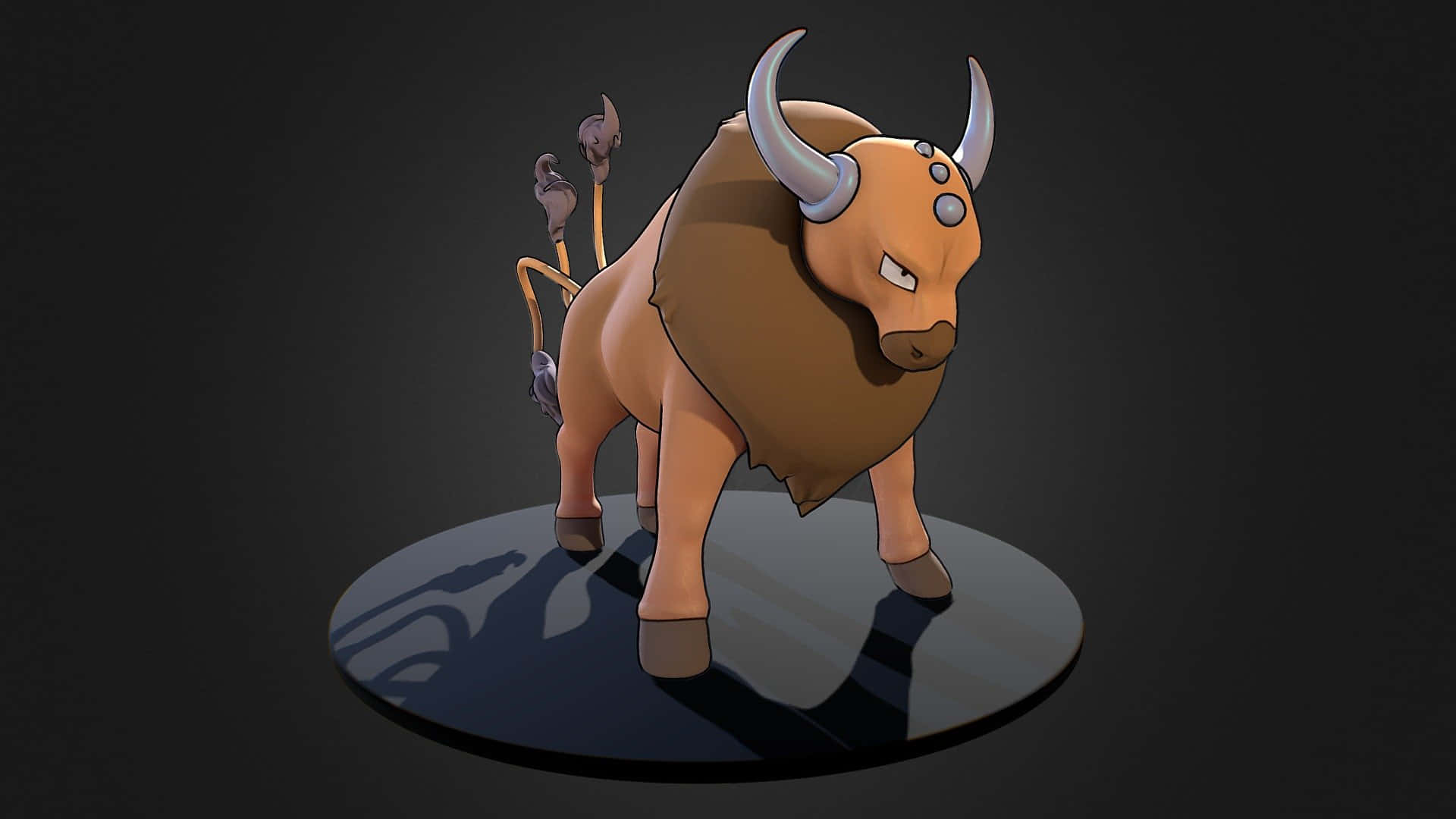 強勢 Tauros 壁紙 — 一隻風格化的卡通公牛，擁有銀色角和蓬鬆鬃毛，站在圓形平台上，背景為深色。