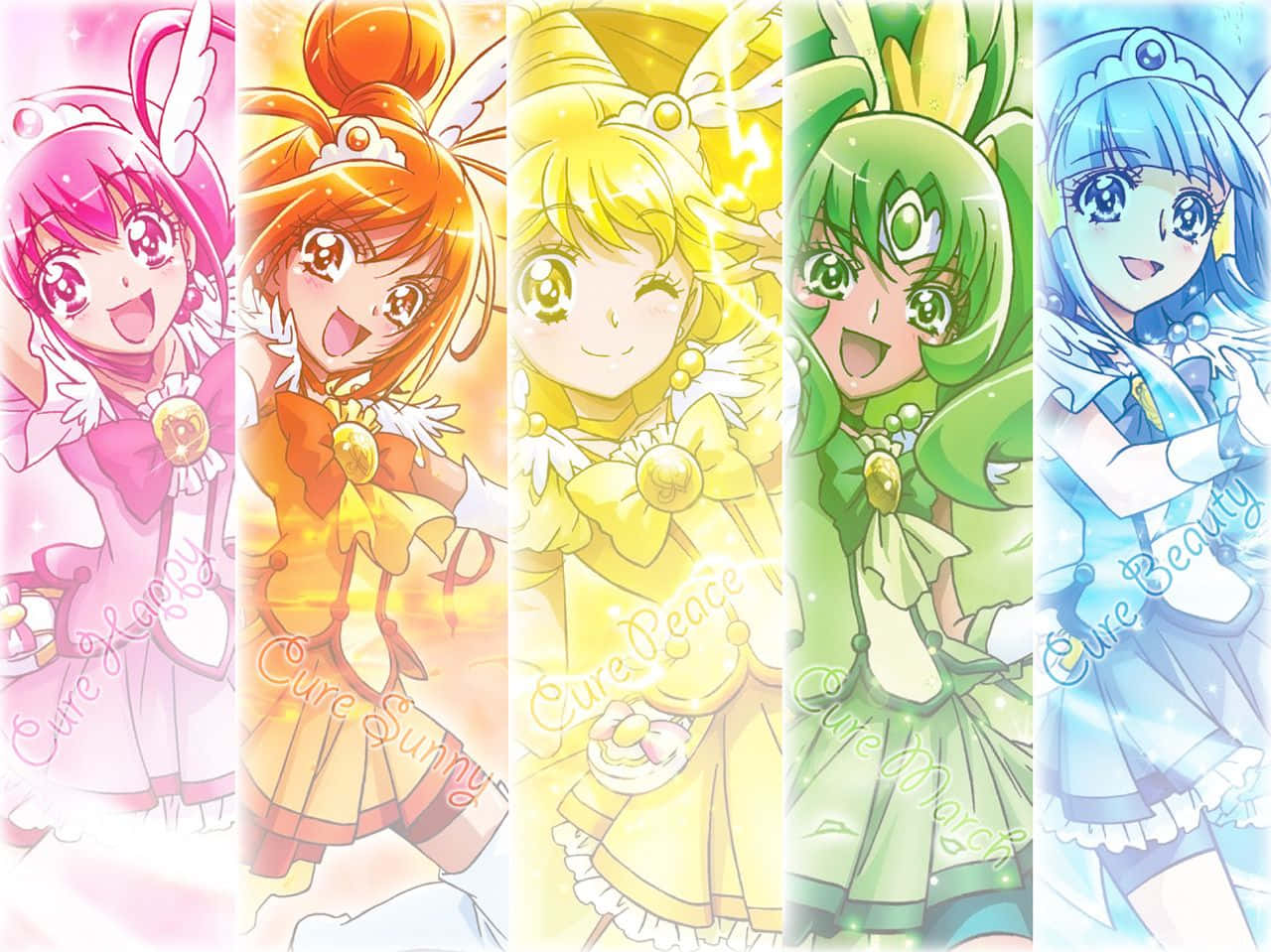 五個穿著柔和色調服裝的動畫魔法少女，帶有發光光環和閃爍光芒。