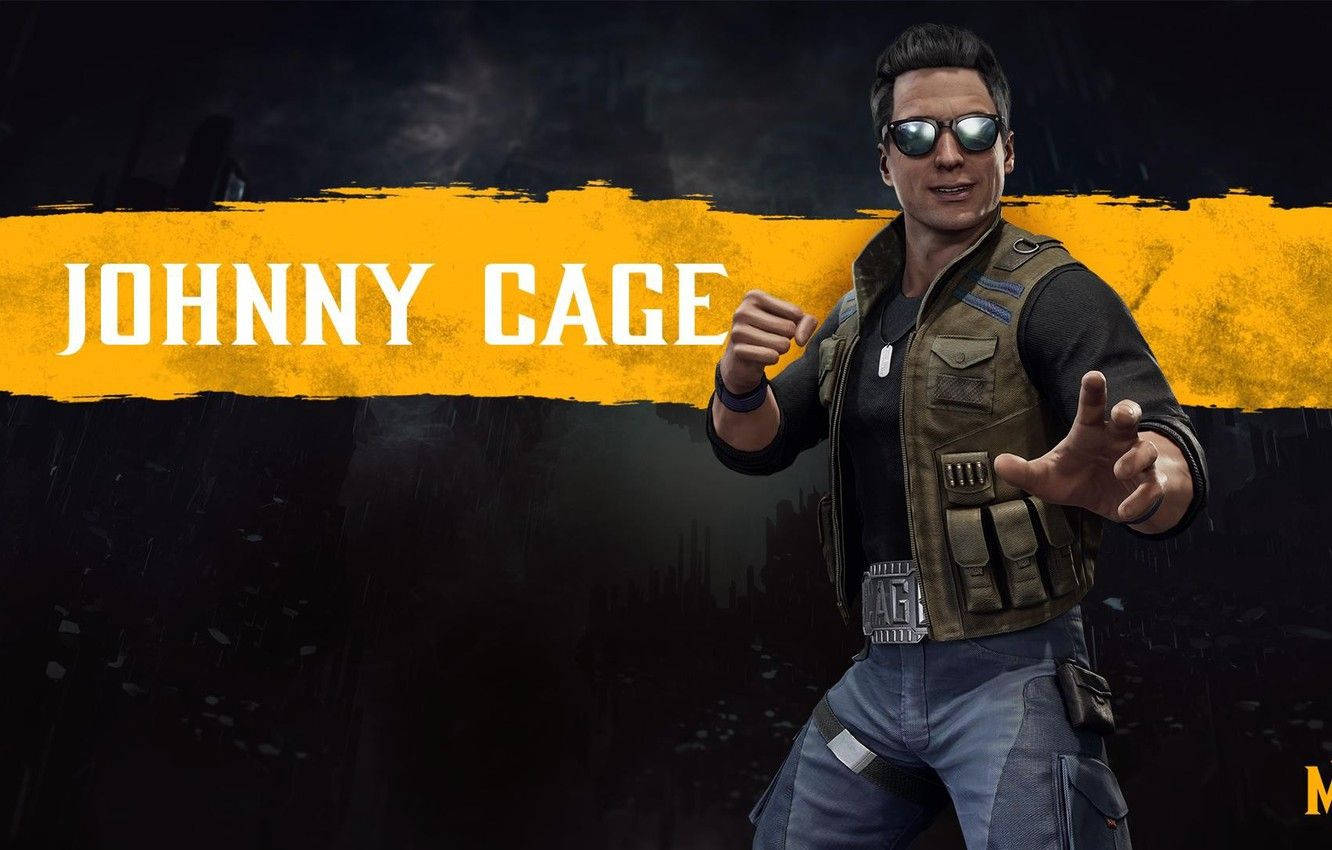 Johnny Cage 以遊戲角色姿勢，戴著太陽眼鏡和戰術背心。