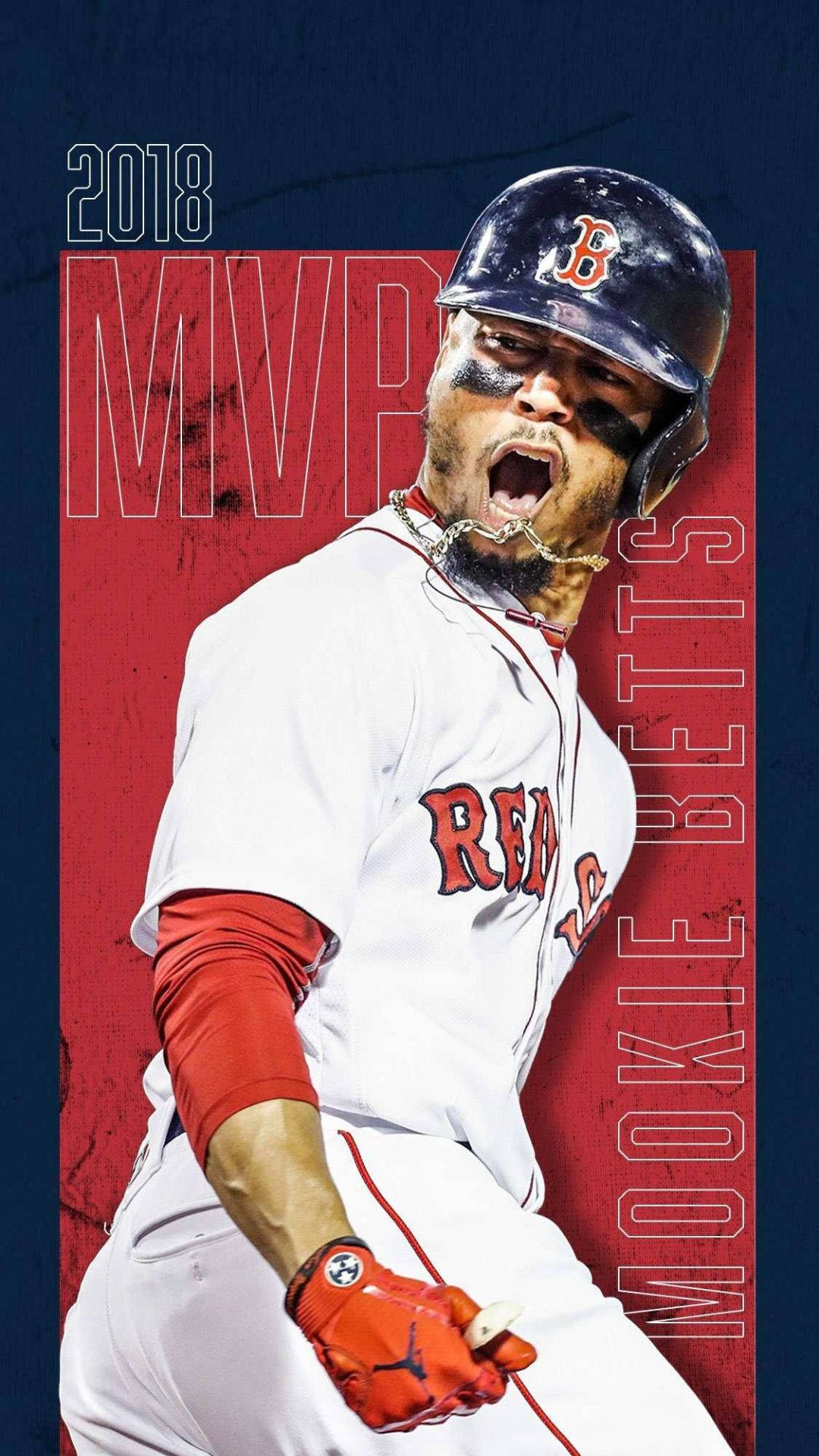 棒球手 Mookie Betts 以紅襪隊制服慶祝 2018 MVP。
