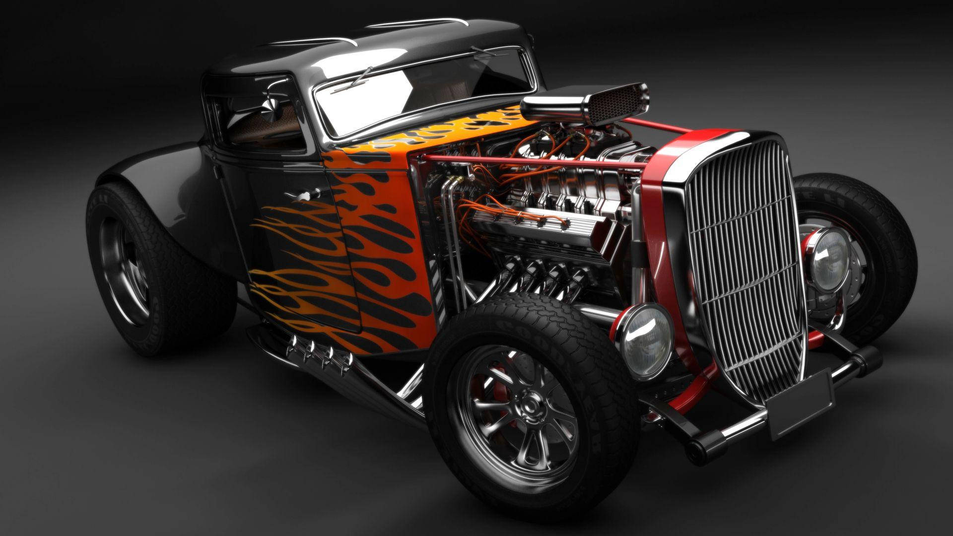 黑色熱棒車，橙色火焰，裸露引擎，工作室