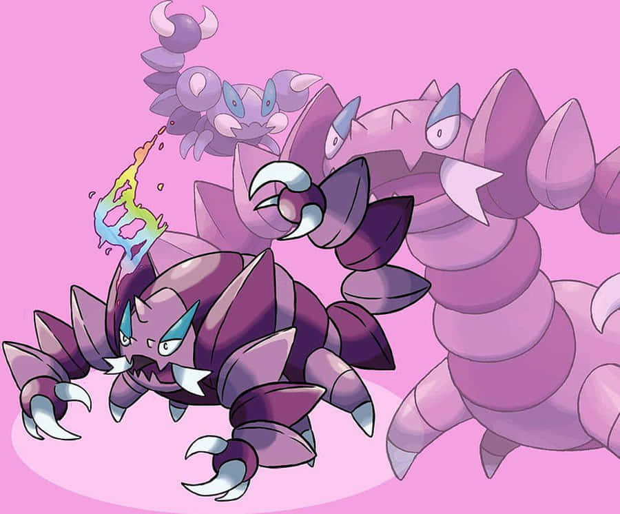 強大 Drapion 的替代進化形態 壁紙 — 三隻紫色蠍子般嘅寶可夢，有尖銳嘅爪同角，企喺純粉紅色背景前面，其中一隻噴出彩虹色液體。