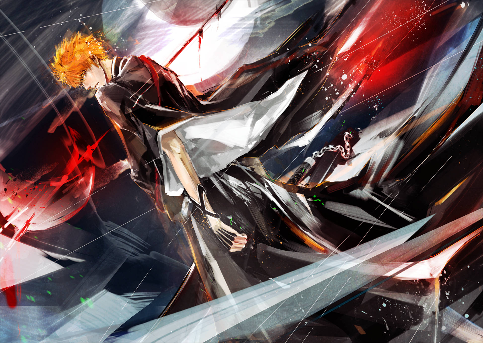 強大 Ichigo Kurosaki 壁紙 — 一位橙色頭髮的動漫戰士在動態戰鬥姿勢中劈開紅色和銀色能量的風暴。