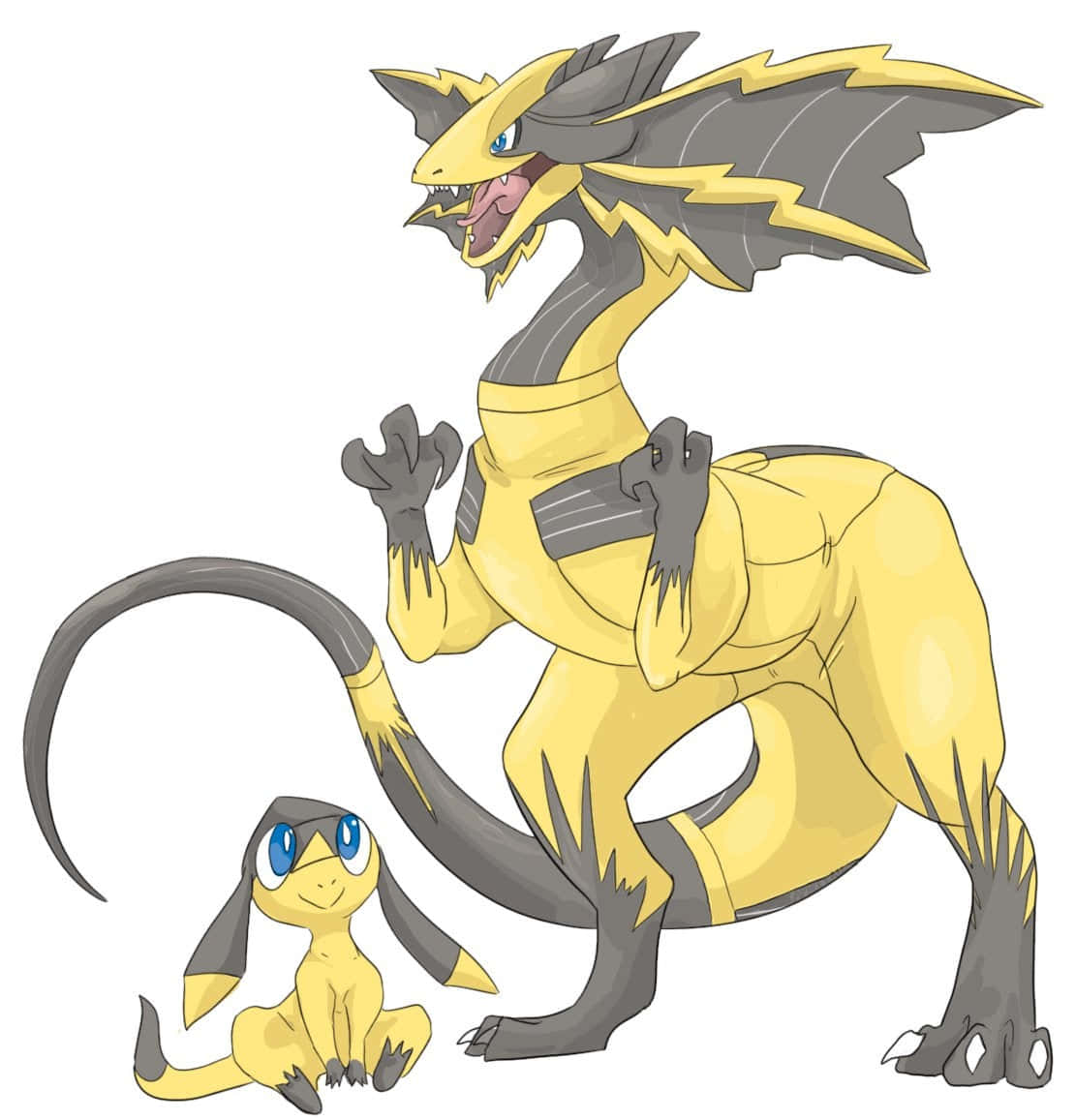 強大Mega Heliolisk與可愛Helioptile的奇幻世界 壁紙 — 一隻威嚴的黃灰色龍系寶可夢，在純白背景前，自豪地站在其較小、微笑的寶寶形態旁邊。