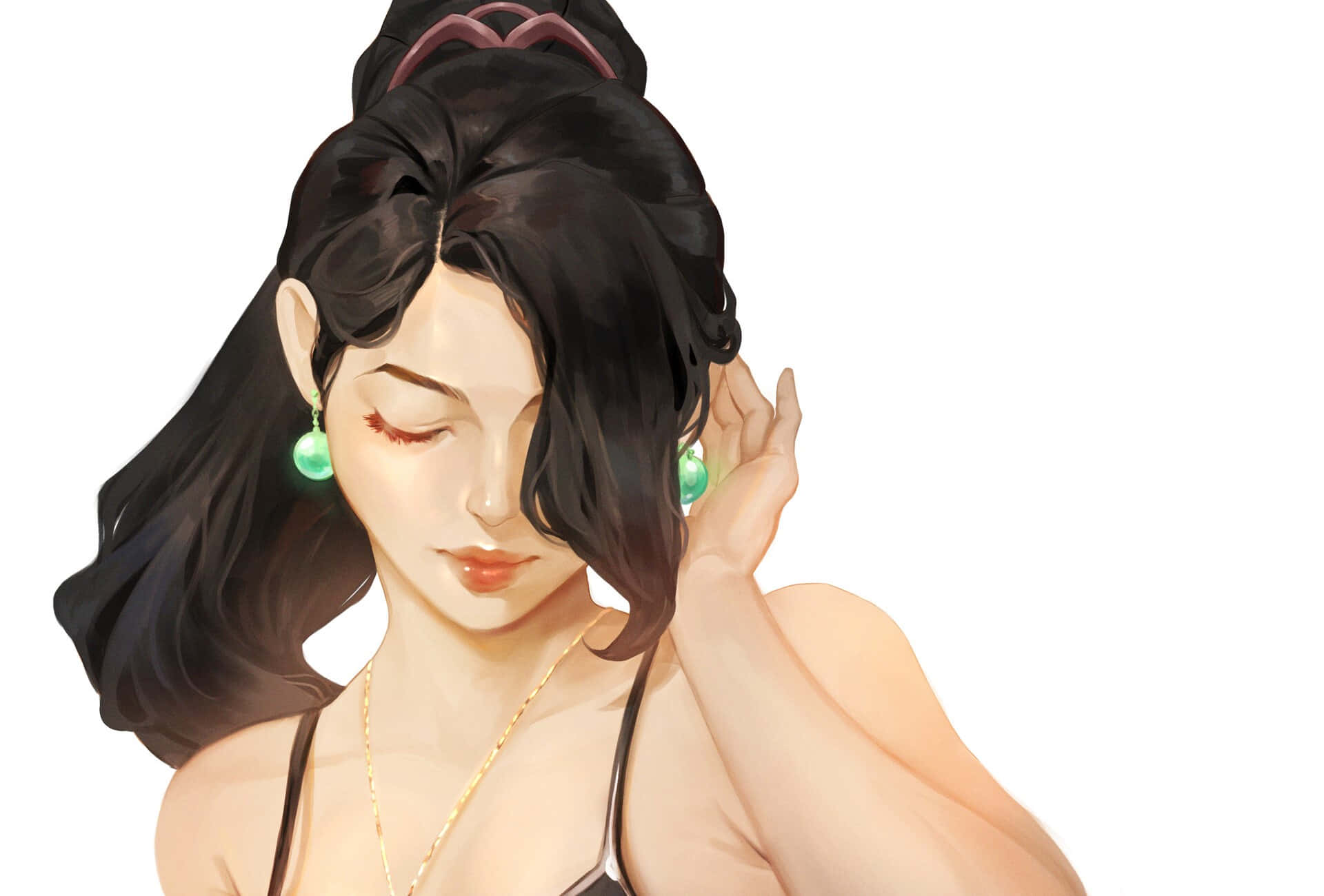 深色頭髮和綠色耳環的動漫女性觸碰她的耳朵。