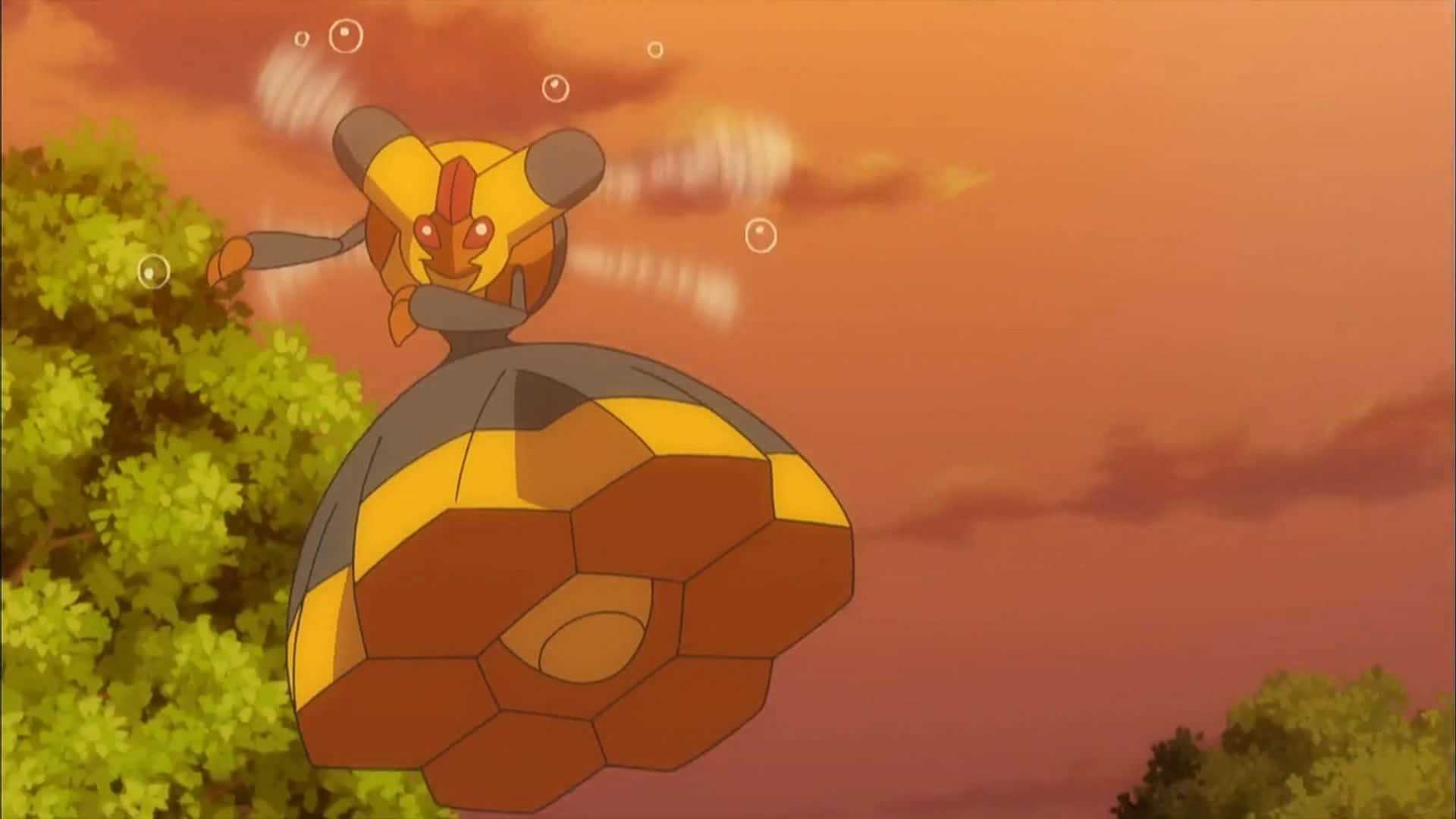 像蜜蜂的 Pokémon 在日落時懸浮於樹木上方
