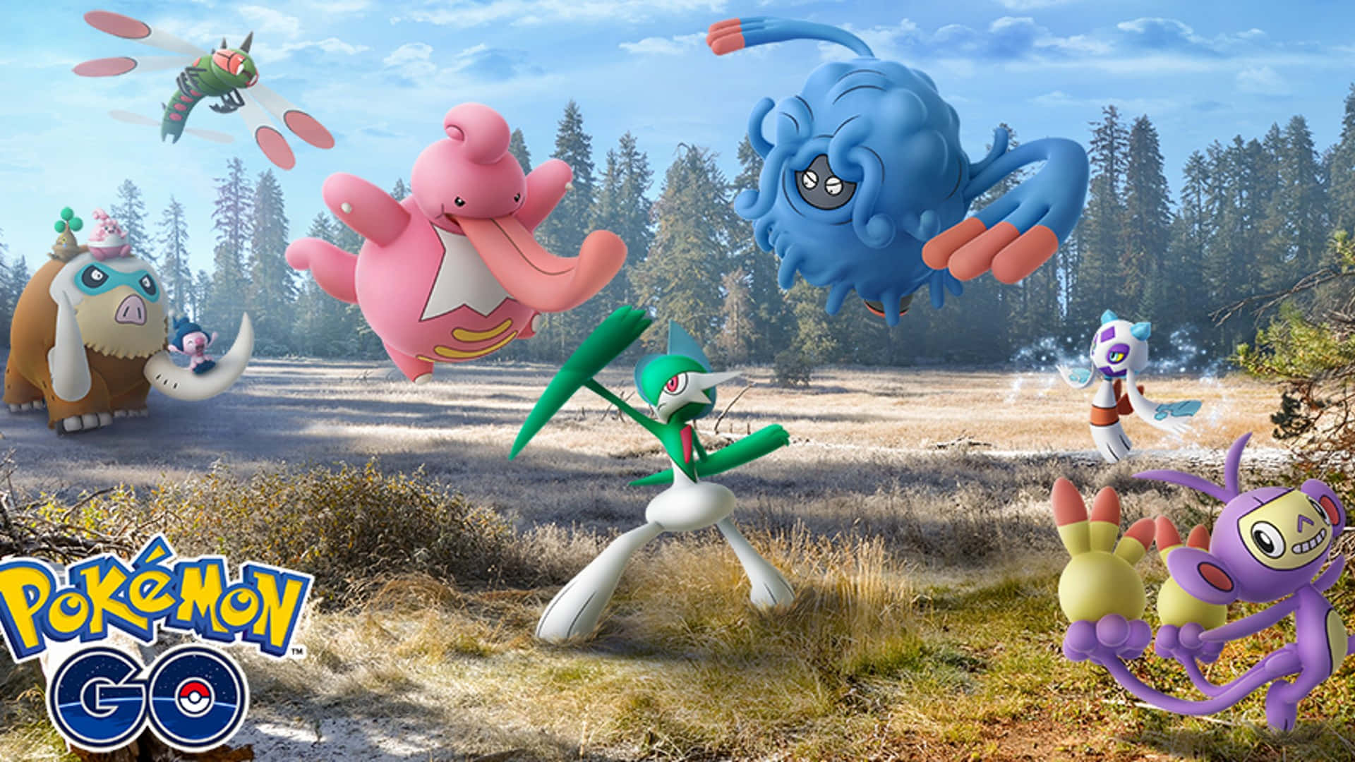 強大寶可夢巨蔓藤的壯觀視角 壁紙 — 一個充滿活力的 Pokémon GO 場景，在陽光明媚的森林空地中有多種色彩繽紛的 Pokémon，例如甲賀忍蛙和黏黏寶。