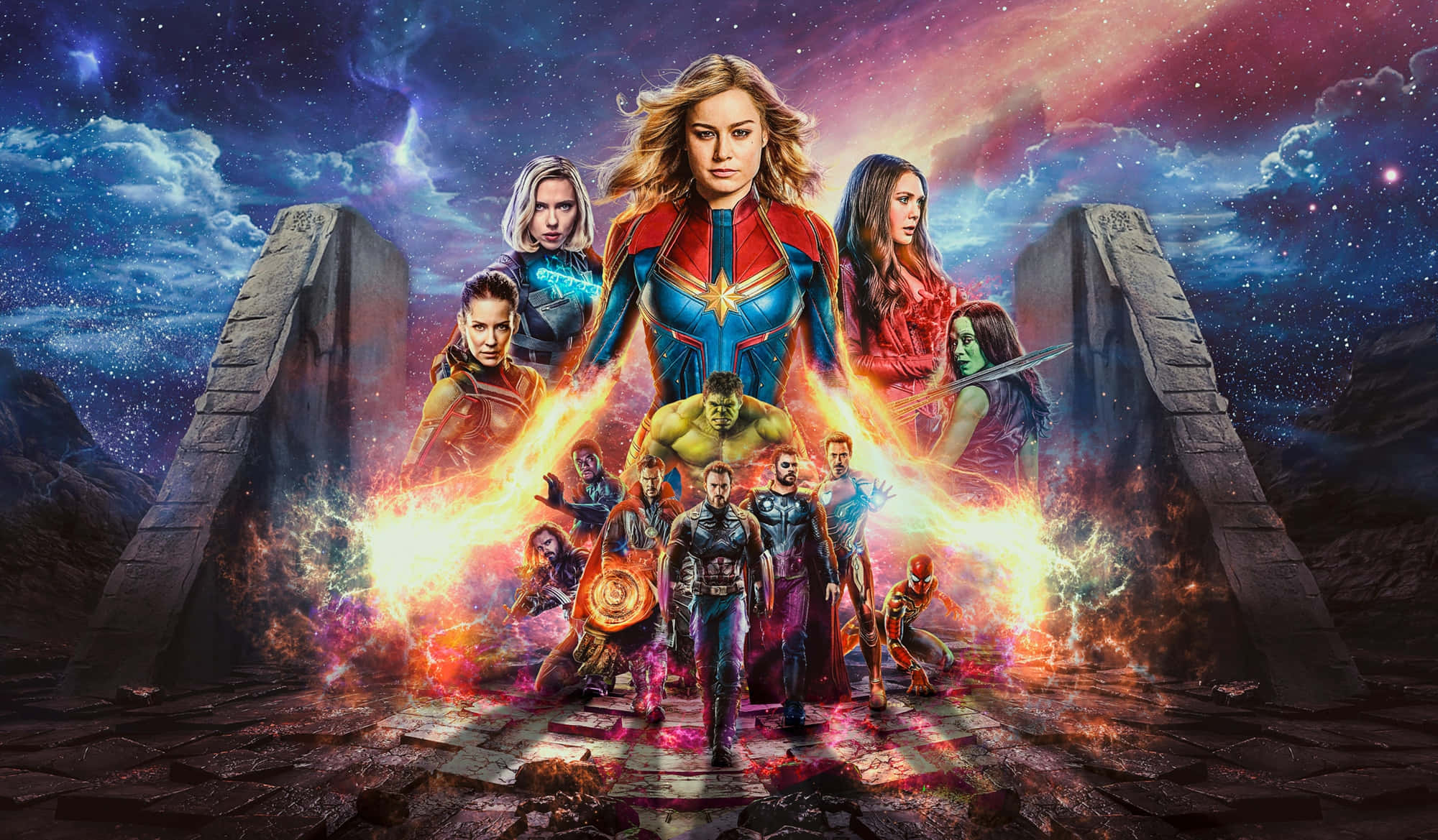 強大復仇者集結 — 終局黎明 壁紙 — 一個充滿活力的超級英雄團隊英勇地站在古老的石柱之間，在充滿星星和能量爆發的宇宙天空下。