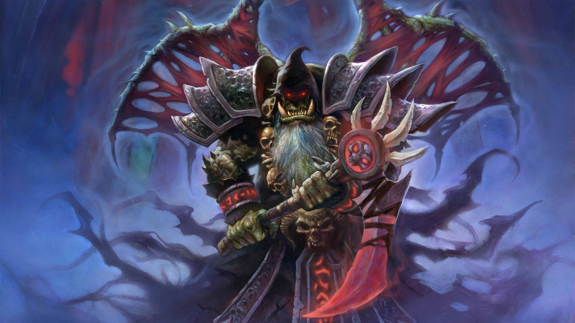 強大爐石死亡騎士 壁紙 — 一個威脅性的惡魔 warlord，擁有發光的紅色眼睛和蝙蝠般的翅膀，在旋轉的深藍色和紅色暴風雨背景下揮舞著血淋淋的斧頭。