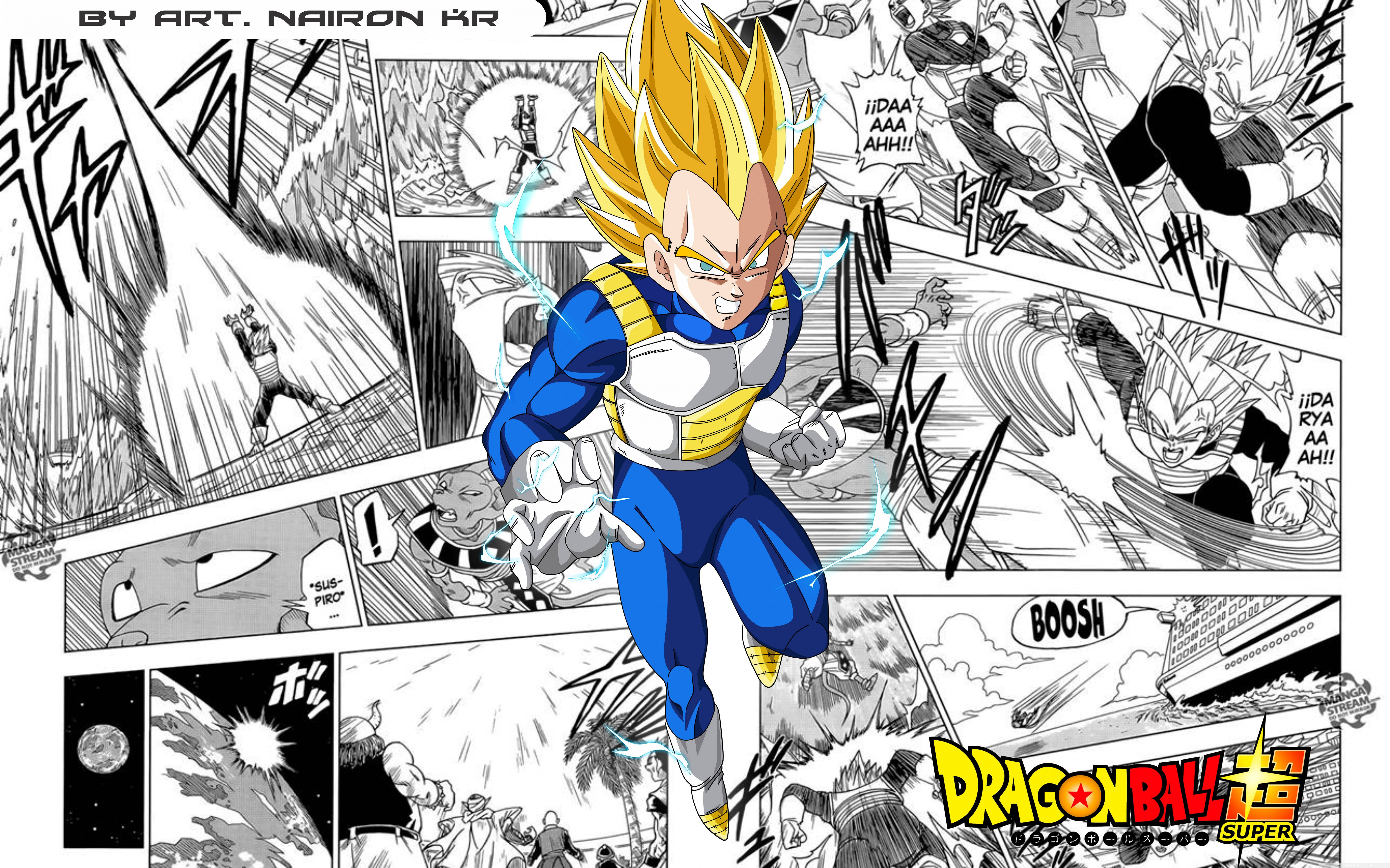 強大的 Vegeta 稱霸天下 壁紙 — 超級撒亞人比達身穿藍黃色盔甲，在動態漫畫格中向前衝刺，周圍閃電噼啪作響。