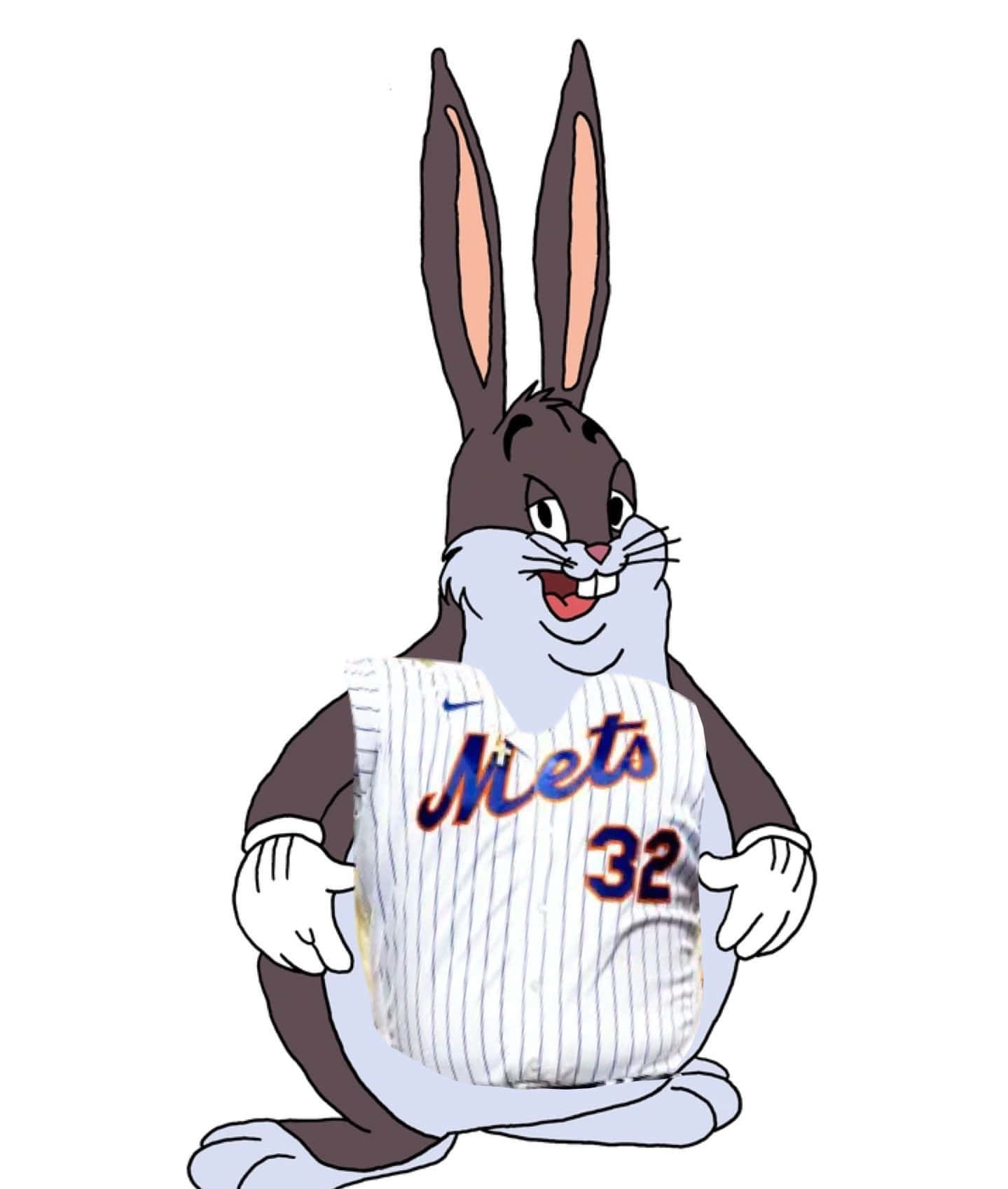 強大的Big Chungus！ 壁紙 — 一隻卡通兔仔穿著白色細條紋Mets棒球波衫，號碼32，喺純白色背景前自豪地微笑。