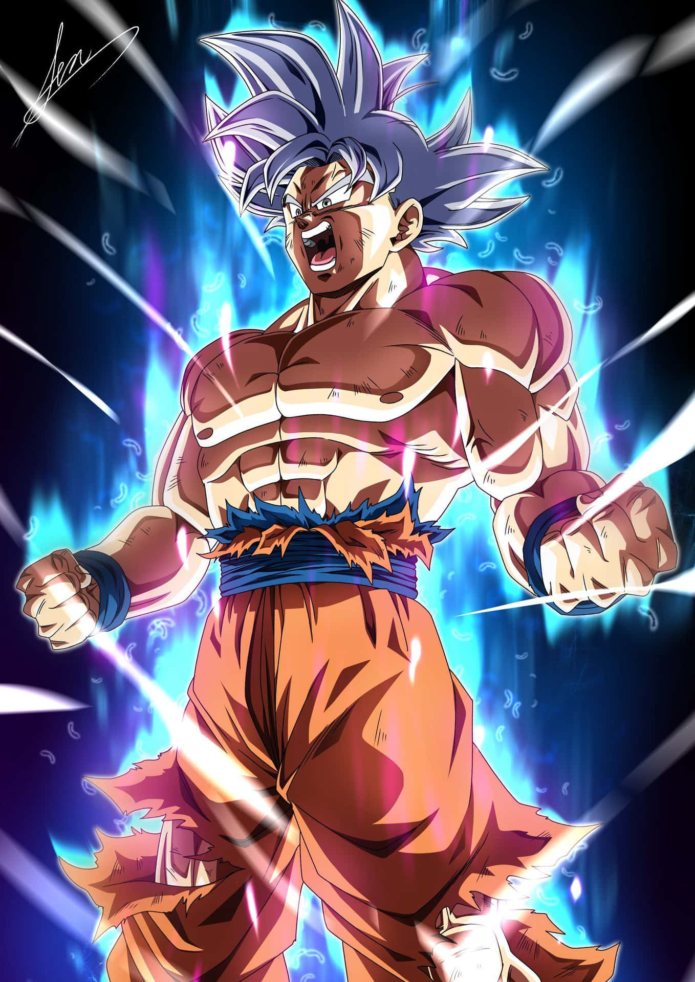 Mui Goku 桌布 壁紙 — 強大的動漫戰士，擁有尖刺藍髮和橙色道服，在動態戰鬥姿勢中散發出藍色能量。