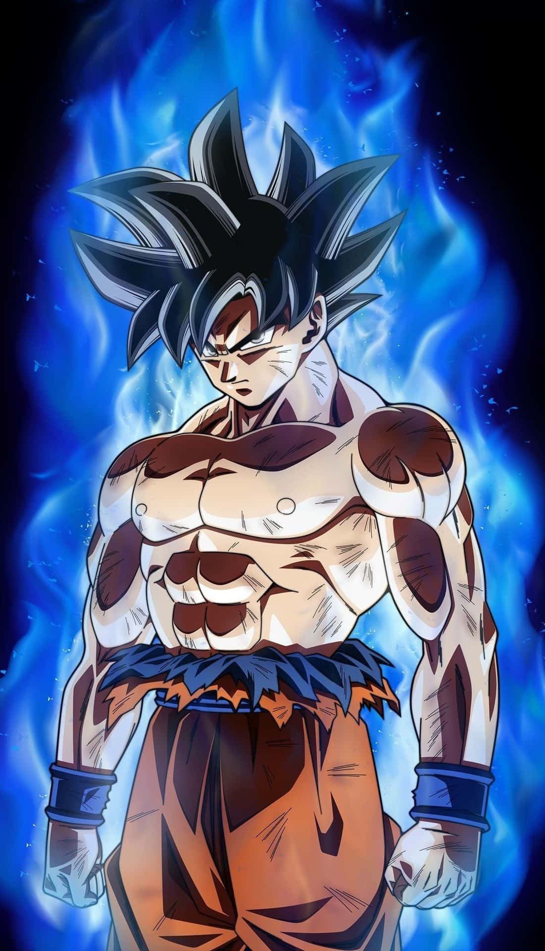 Dragon Ball iPhone 桌布 壁紙 — 強大的動漫戰士悟空在黑暗的宇宙背景下，被發光的藍色能量包圍，擺出兇猛的姿勢。
