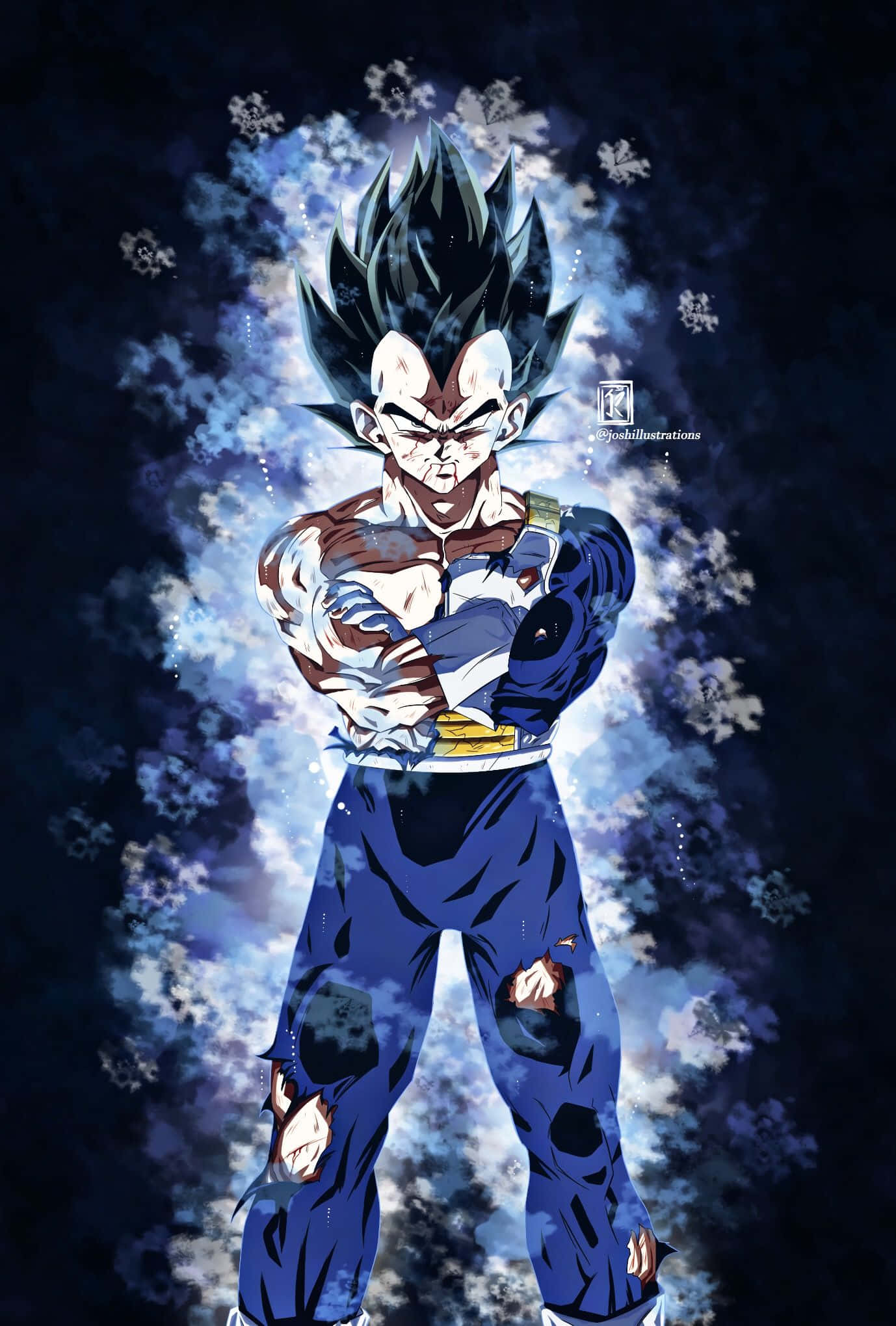 Vegeta Ultra Instinct 桌布 壁紙 — 強大的動漫戰士比達在藍白能量粒子的宇宙風暴中挑釁地站立。