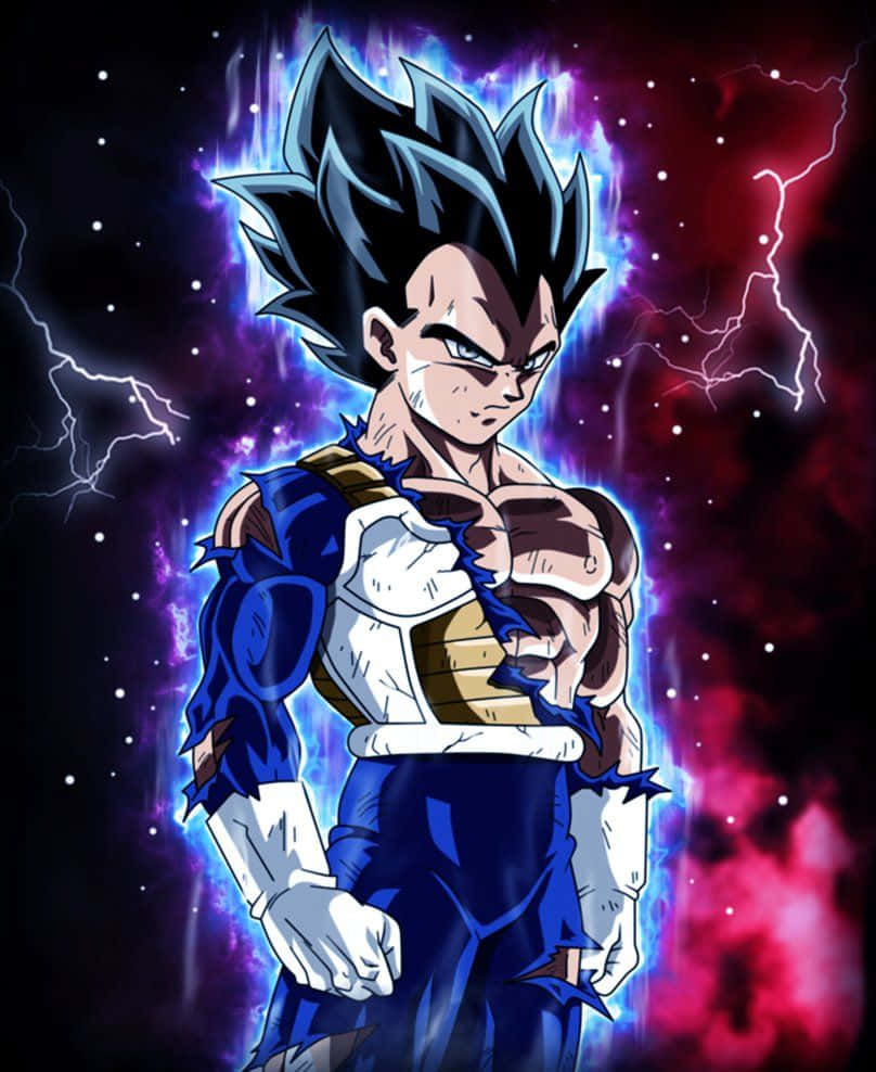 Dragon Ball Heroes 桌布 壁紙 — 強大的動漫戰士比達站在宇宙風暴中，帶有電光藍色氣場和紅色閃電，背景是星空虛無。
