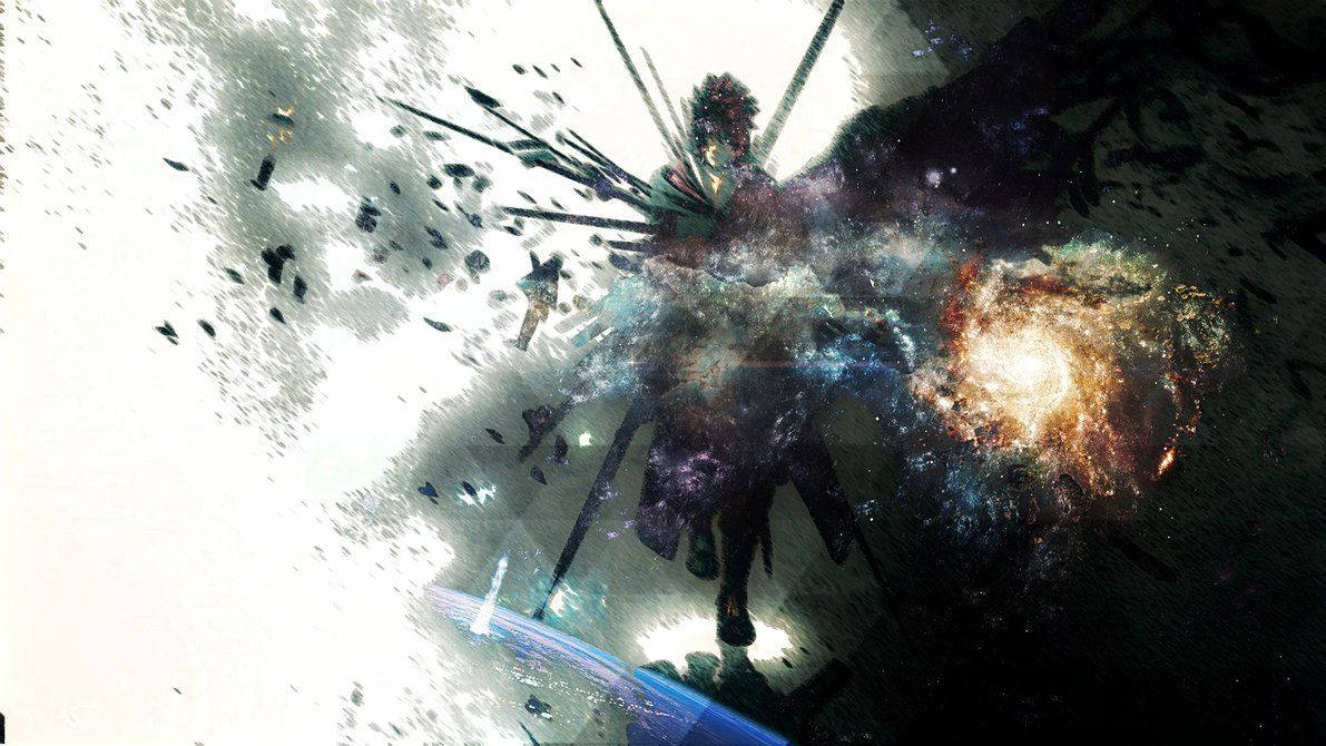 太空中的戰士手持劍，被宇宙碎片和發光星雲包圍。