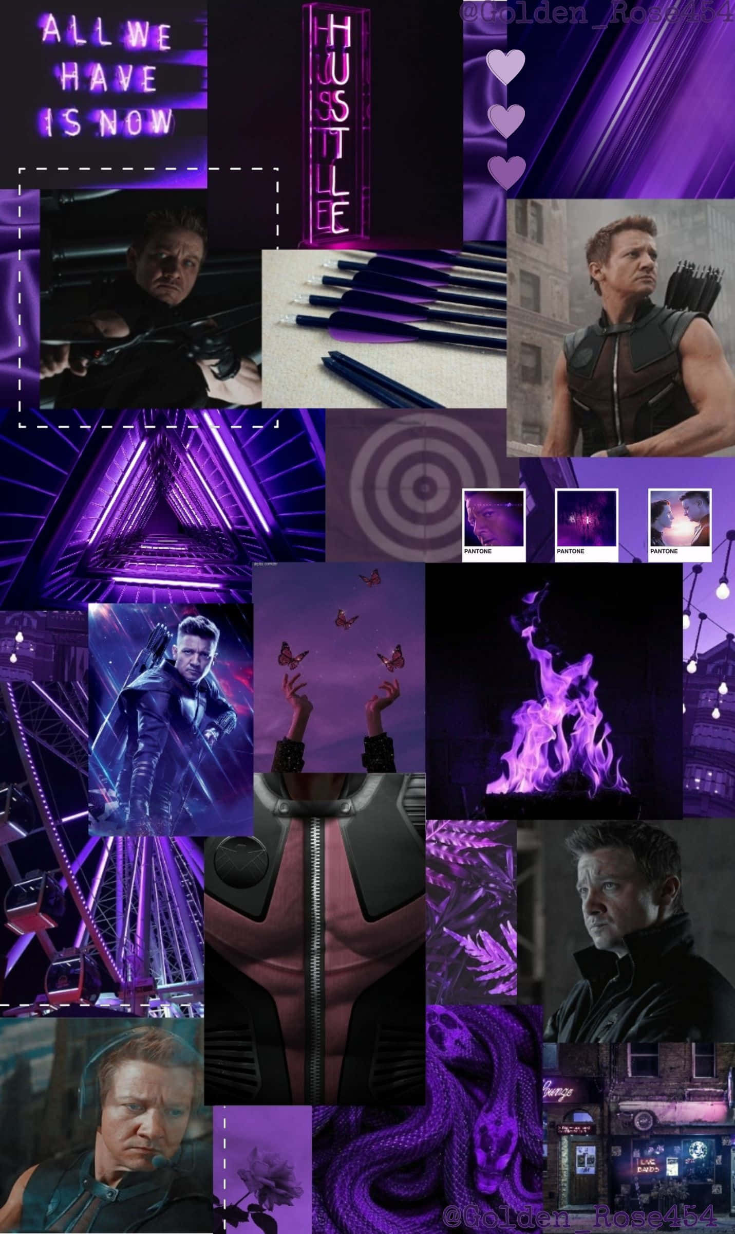 強大的復仇者鷹眼 壁紙 — 以紫色為主題的充滿活力的拼貼畫， featuring Hawkeye、霓虹燈牌、箭頭和抽象圖案，採用動態網格佈局。