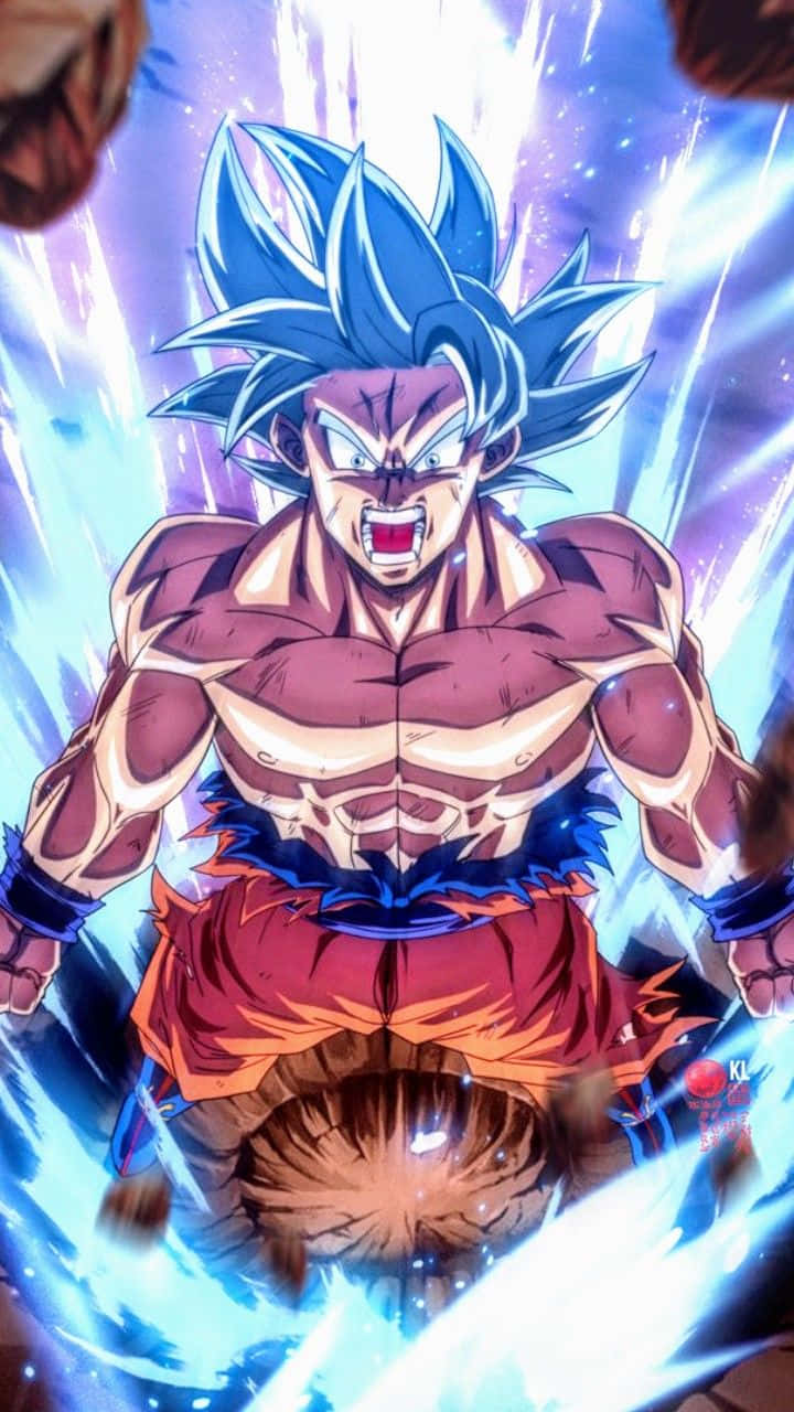 Goku Kaioken 桌布 壁紙 — 強大的藍髮動漫戰士咆哮著，身體散發出發光的能量，背景是宇宙。
