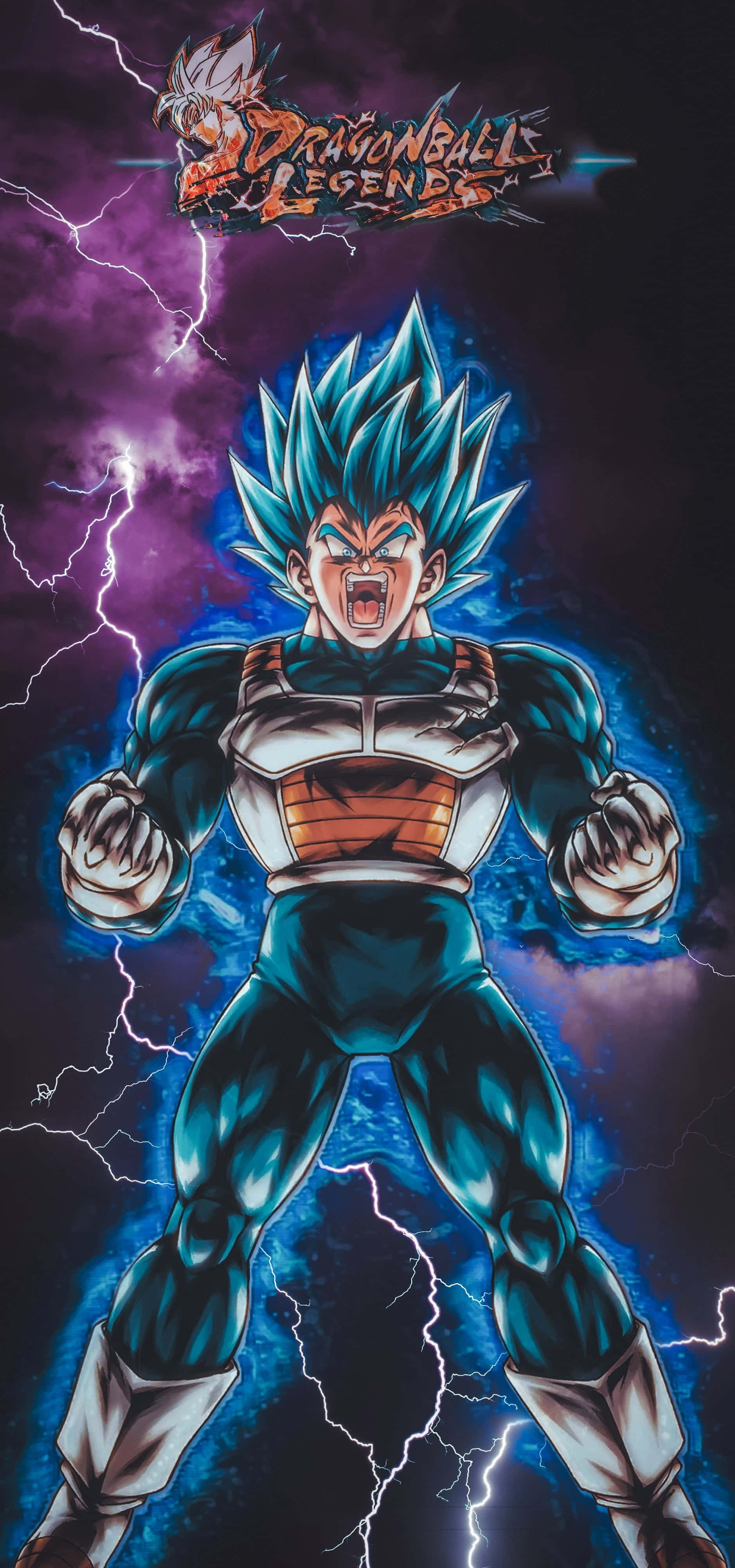 Dragon Ball Legends 桌布 壁紙 — 強大的藍髮撒亞人戰士在噼啪作響的閃電中咆哮，背景是深紫色的暴風雨天空。