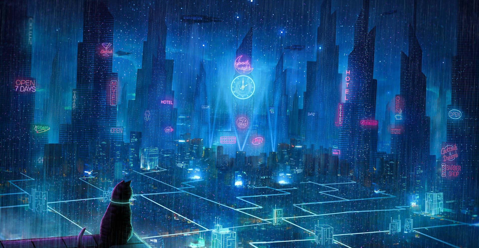 一隻貓在窗台上俯瞰雨夜的霓虹城市景觀。