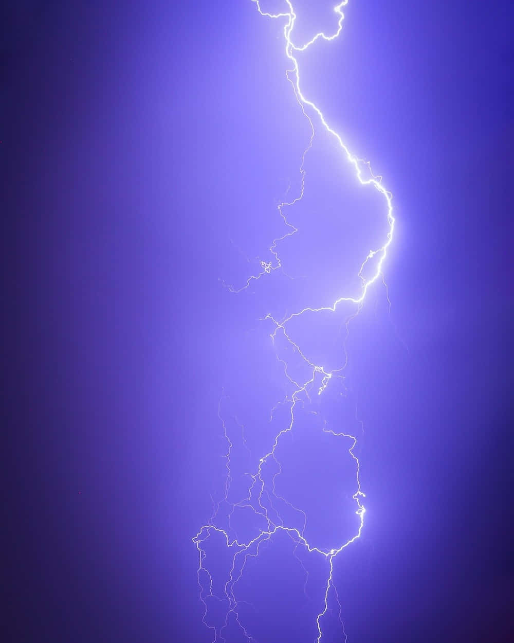 強大閃電的集合 壁紙 — 一道強勁的鋸齒狀閃電垂直劃過深紫色的暴風雨天空。