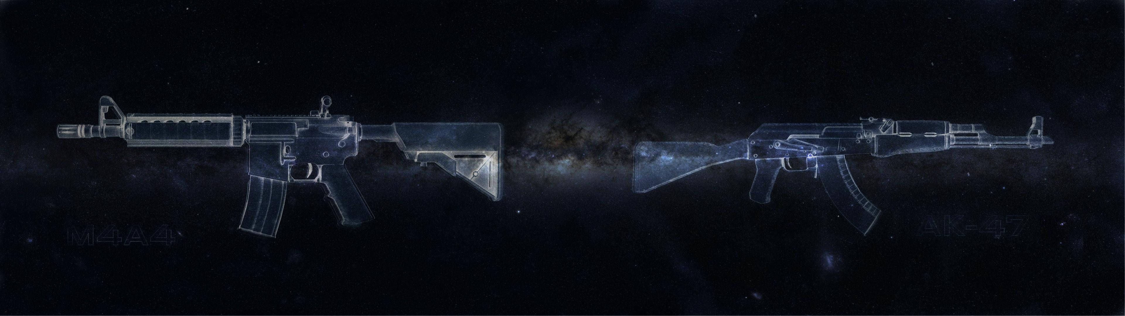 兩把發光的半透明步槍漂浮在星雲附近的太空中。
