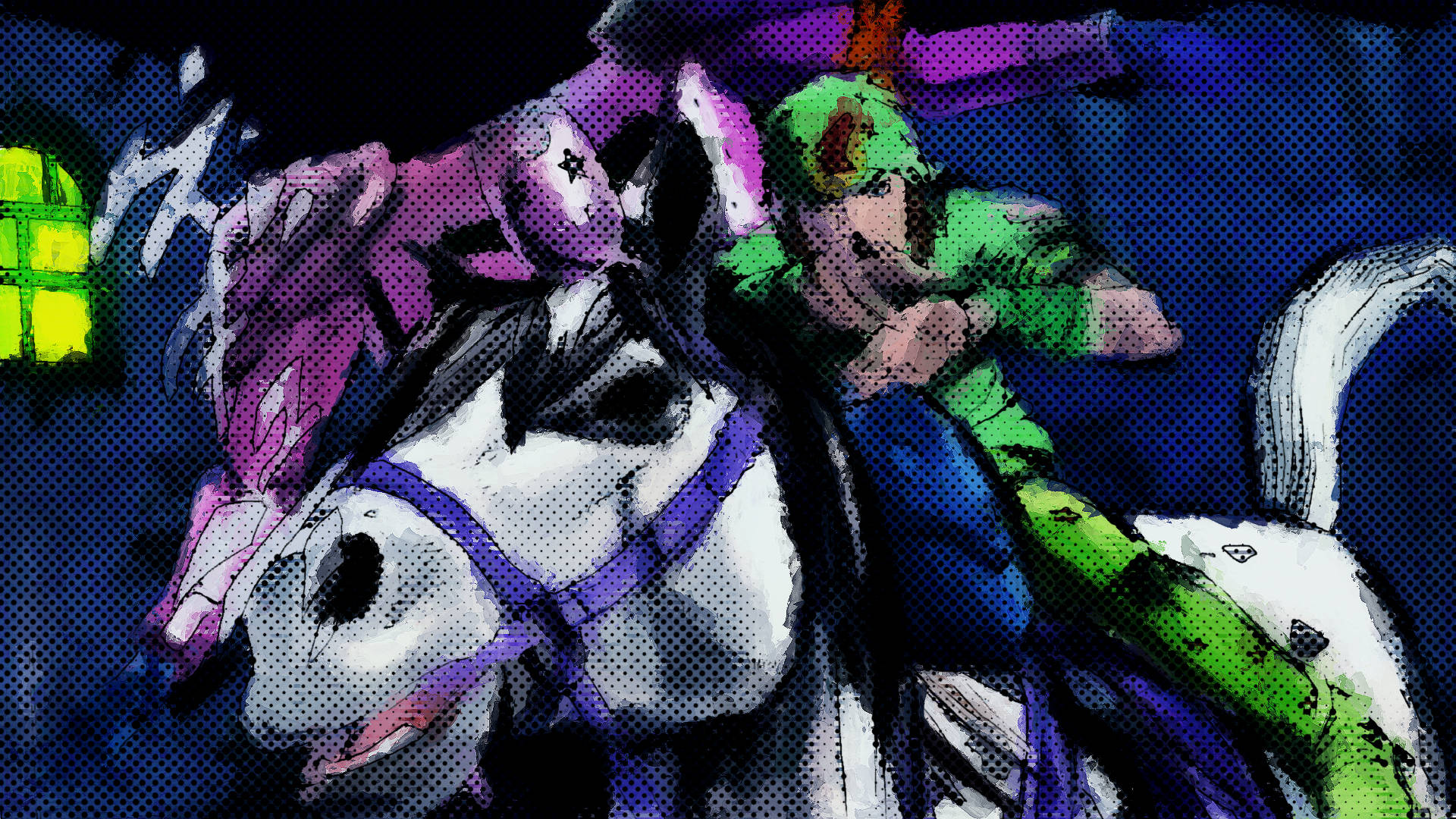強尼·喬斯達 奇拉騎馬 壁紙 — 一位風格化的動漫騎士，身穿綠色和紫色，騎著一匹白馬，在黑暗的天空下，背景中有一扇發光的窗戶。