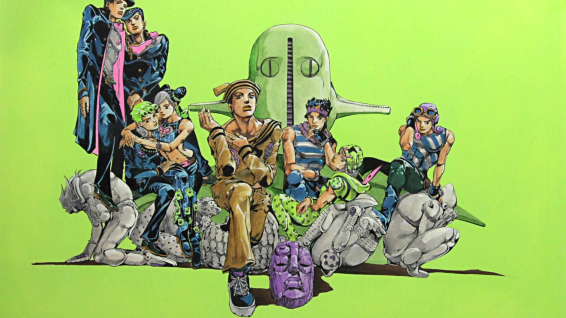 強尼·喬斯達綠色風格 壁紙 — 一幅充滿活力的動畫插圖，描繪JoJo的奇妙冒險角色在明亮的綠色背景前與石像擺姿勢。
