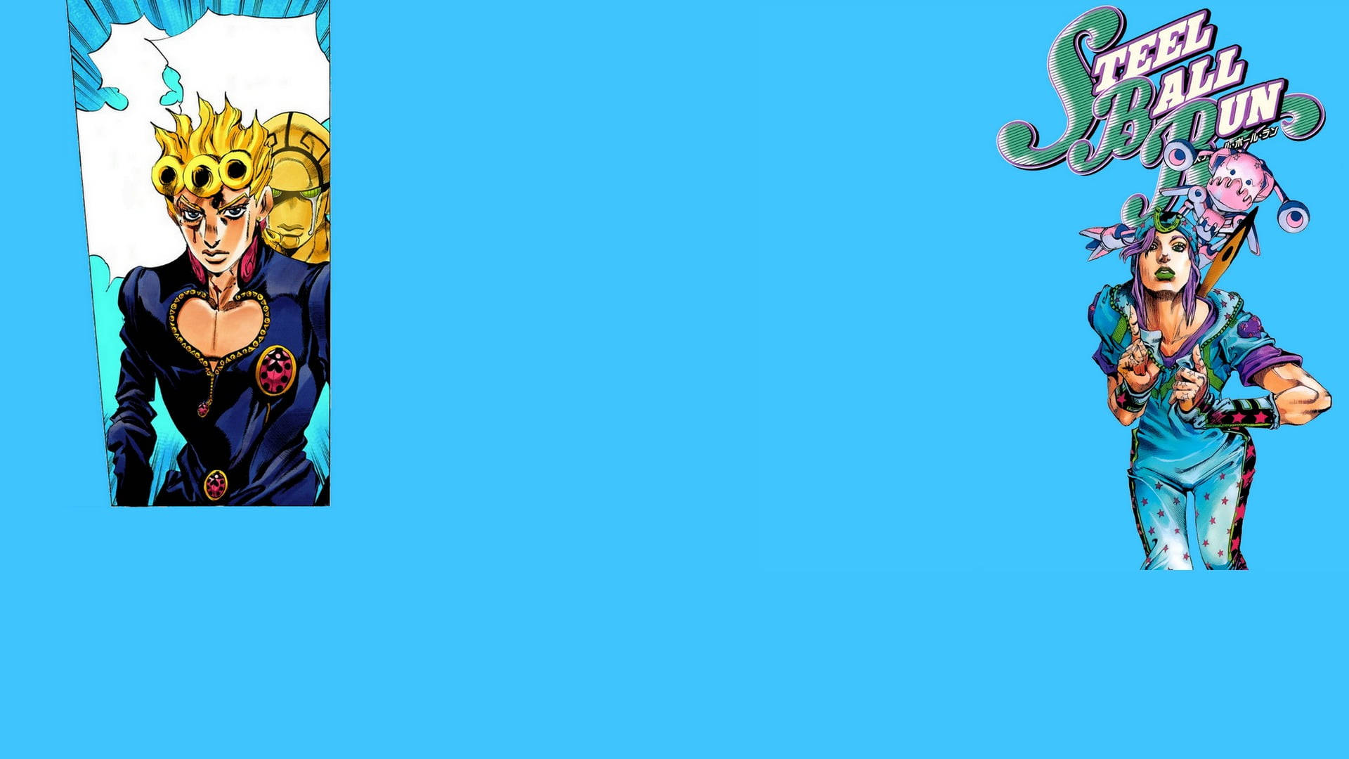 強尼·喬斯達與迪奧之子 壁紙 — 兩個來自《Steel Ball Run》的動漫角色站在純藍色背景前，帶有漫畫風格的藝術。
