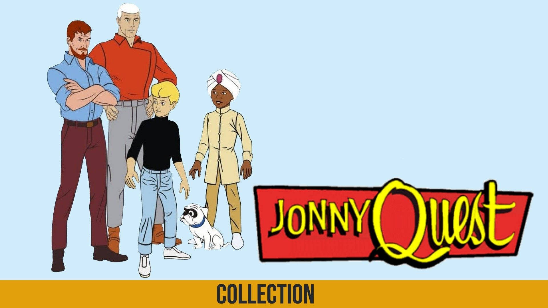 Jonny Quest 一家與他們的狗和節目標誌在藍色背景上。