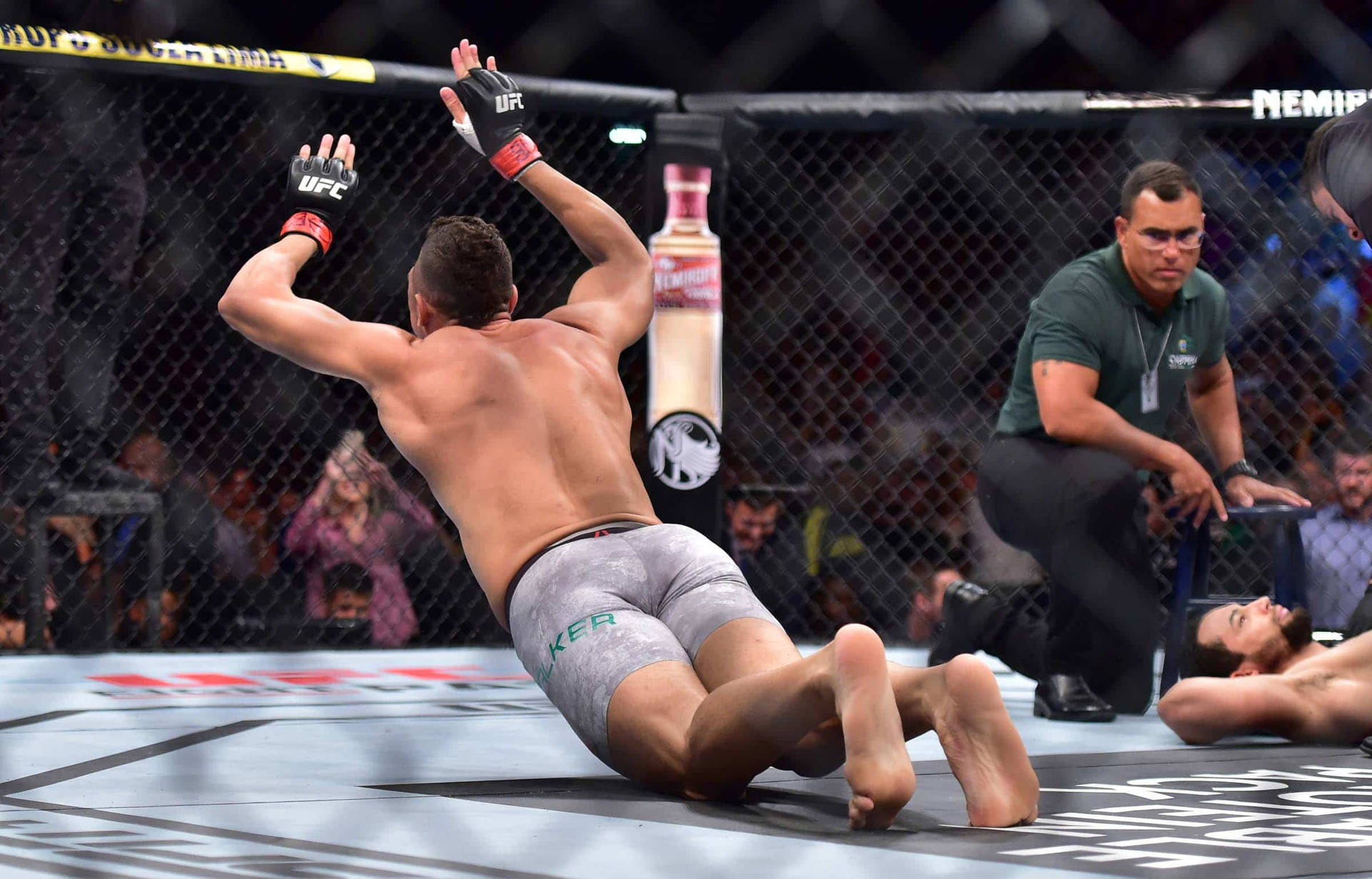 強尼·沃克勝利時跳蟲舞 壁紙 — 一位勝利的MMA拳手在八角籠內仰臥慶祝，裁判正在檢查他的對手。