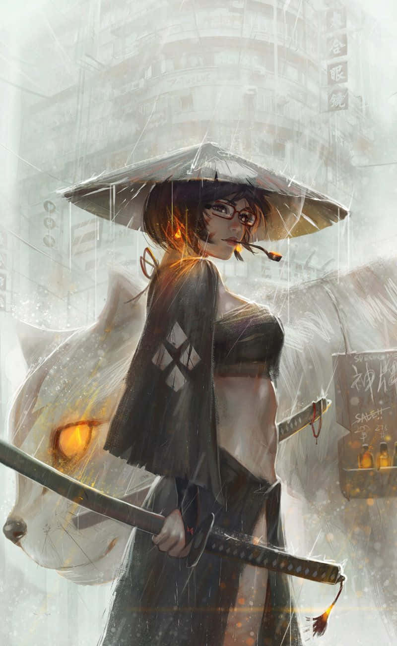 戴眼鏡的女武士在雨中的霓虹城市中在傘下握著刀。