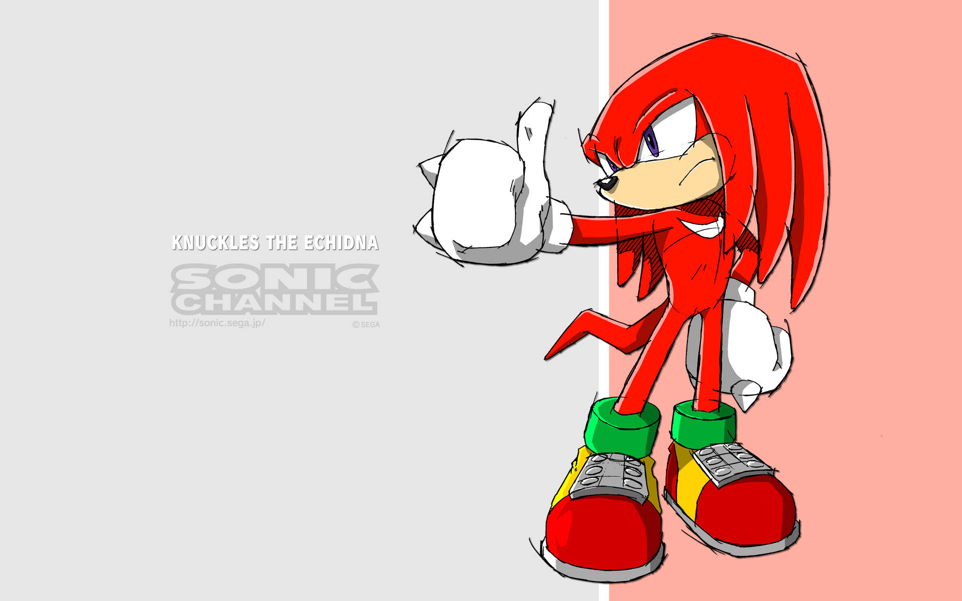 強悍的 Knuckles the Echidna 壁紙 — 紅色針鼴納克魯斯在灰色和粉紅色分割背景上豎起大拇指，帶有Sonic Channel浮水印。