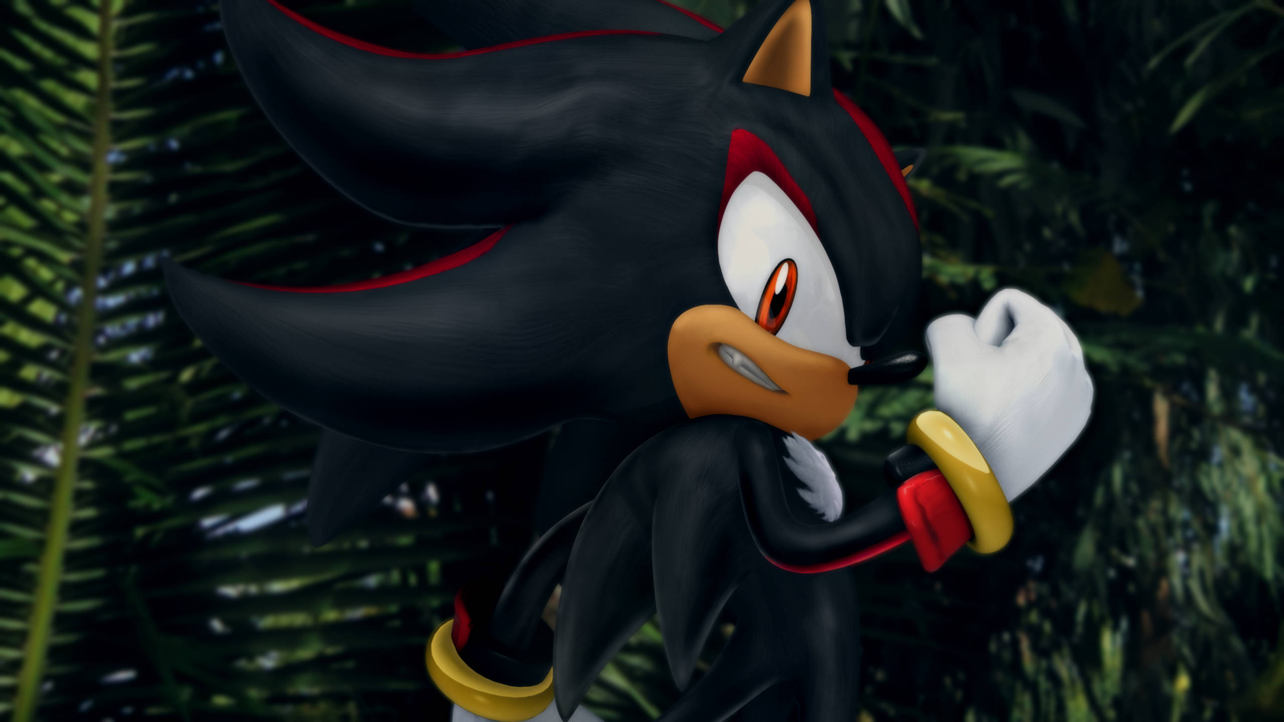 強悍的影子刺猬 壁紙 — Shadow the Hedgehog 企喺叢林入面，表情堅定，拳頭緊握。