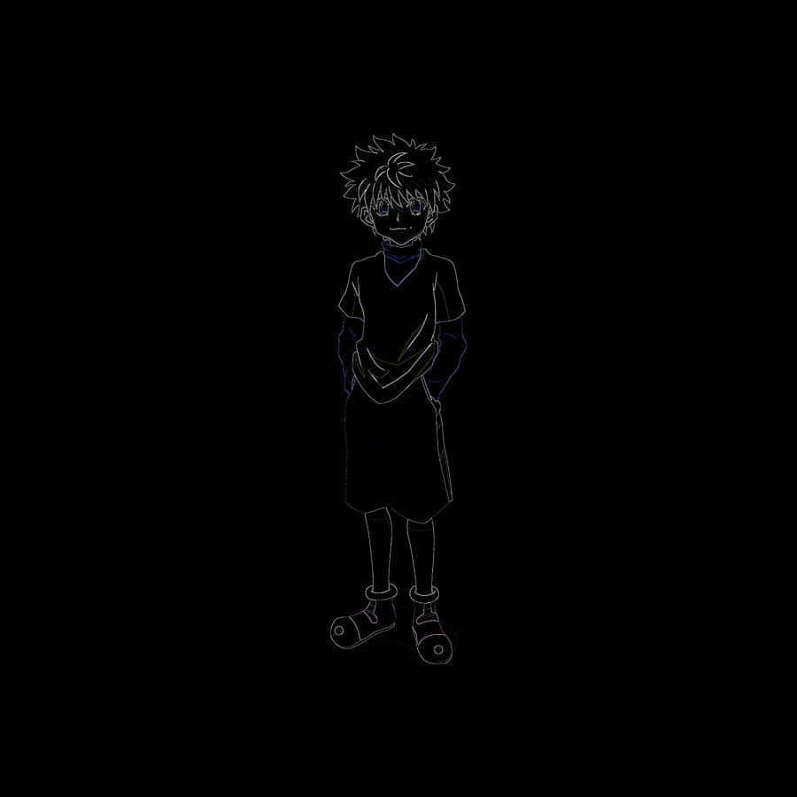 動畫男孩以白色輪廓描繪在黑色背景上，有尖刺頭髮和笑容。
